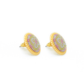 Oval Stud Earrings • Song Brocade Ding Sheng Pattern • 18K Gold Plated • Pink