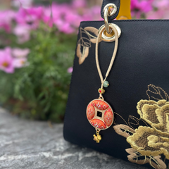 Ancient Chinese Coin Bag Charm • Song Brocade Ding Sheng Pattern • 18K Gold Plated • Red