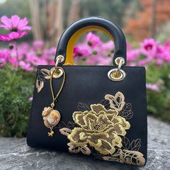 Chinese Lucky Pouch Bag Charm • Lucky Horse & Auspicious Treasure Pattern • 18K Gold Plated • Yellow