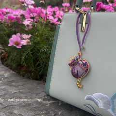 Chinese Lucky Pouch Bag Charm • Lucky Horse & Auspicious Treasure Pattern • 18K Gold Plated • Purple