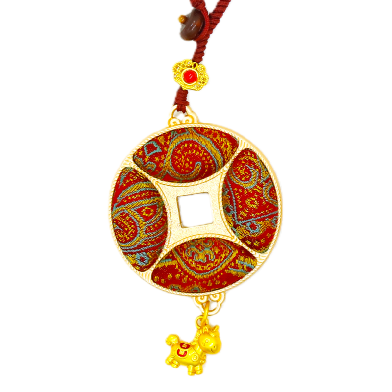 Ancient Chinese Coin Bag Charm • Song Brocade Red Bead Curtain Pattern • 18K Gold Plated Main image