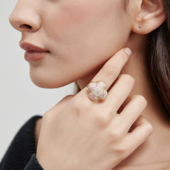 Four-Leaf Clover Ring • Song Brocade Ding Sheng Pattern • 18K Gold Plated • Pink