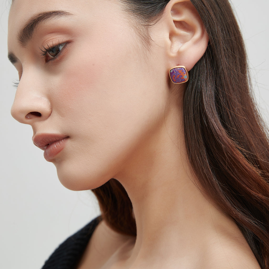 Square Stud Earrings • Song Brocade Purple Eight-Directional Halo Pattern • 18K Gold Plated