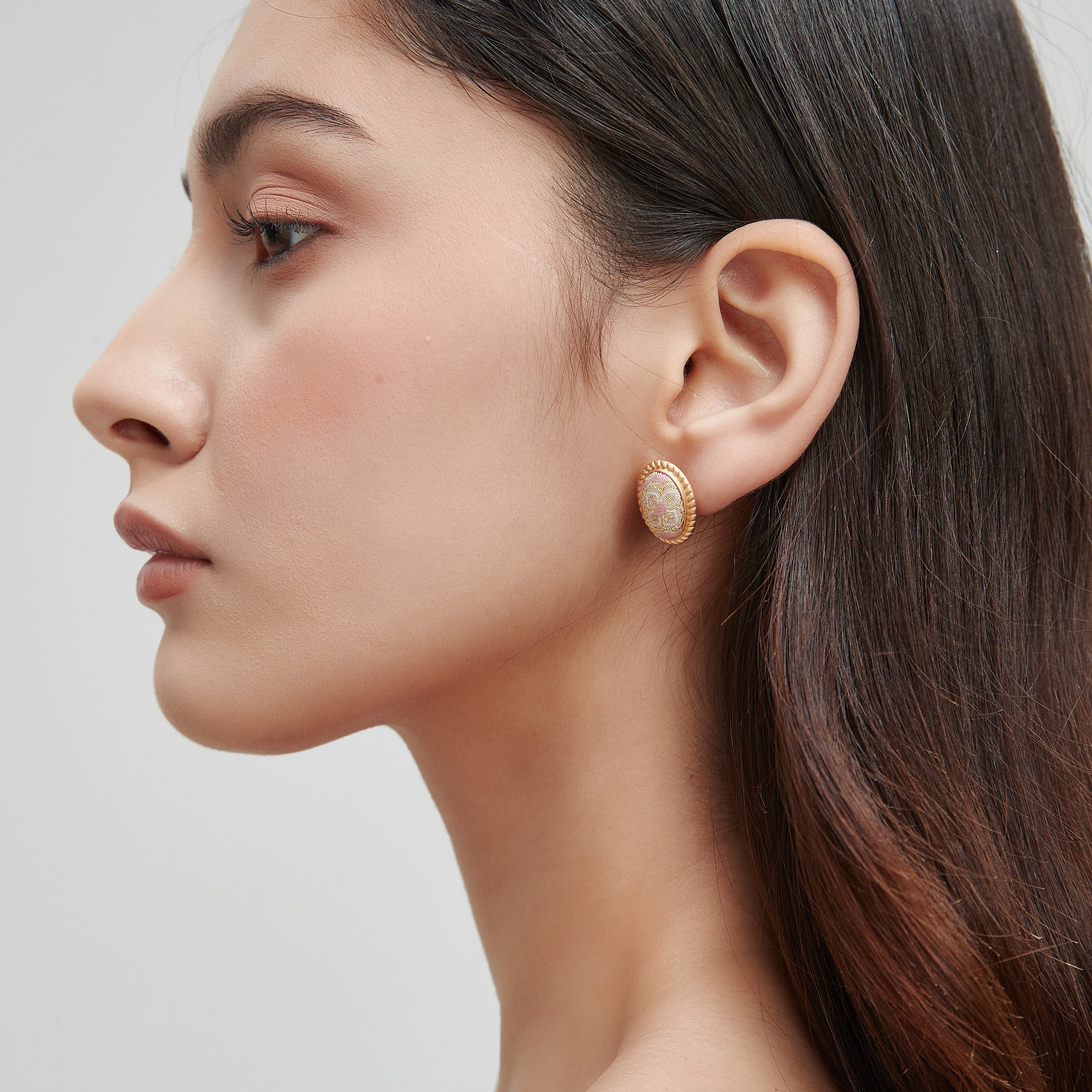 Oval Stud Earrings • Song Brocade Ding Sheng Pattern • 18K Gold Plated • Pink