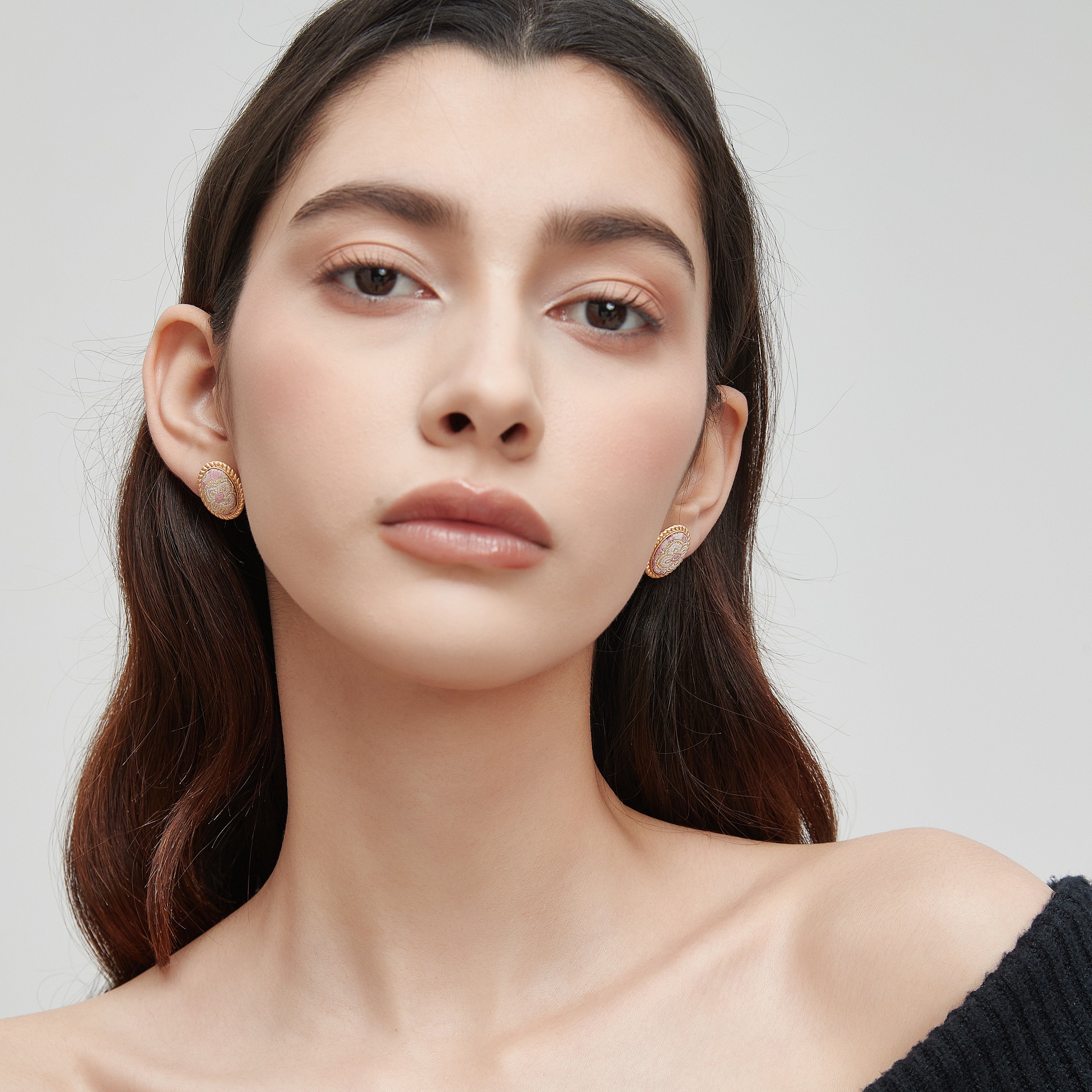 Oval Stud Earrings • Song Brocade Ding Sheng Pattern • 18K Gold Plated • Pink