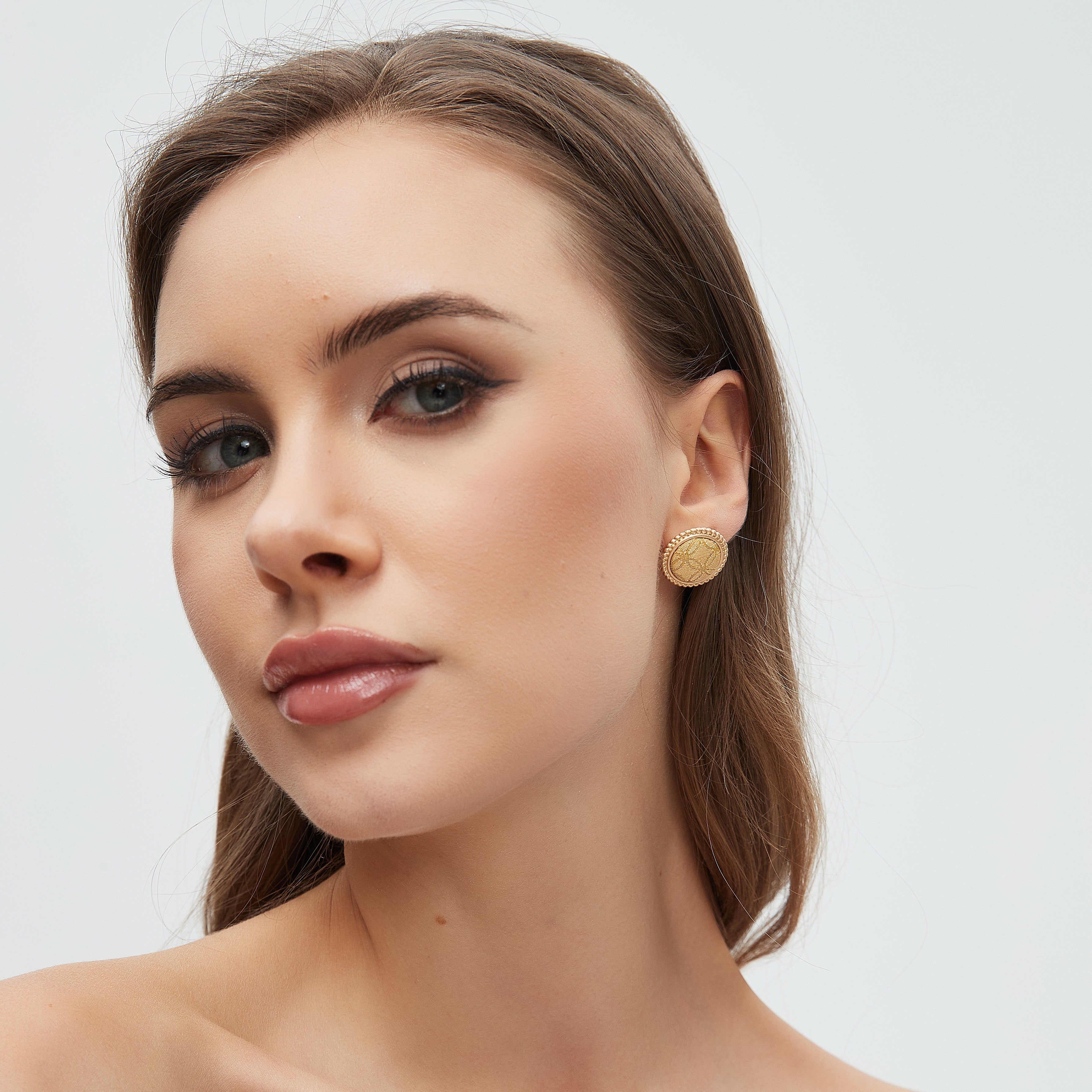 Round Stud Earrings • Song Brocade Golden Coin Pattern • 18K Gold Plated Secondary image