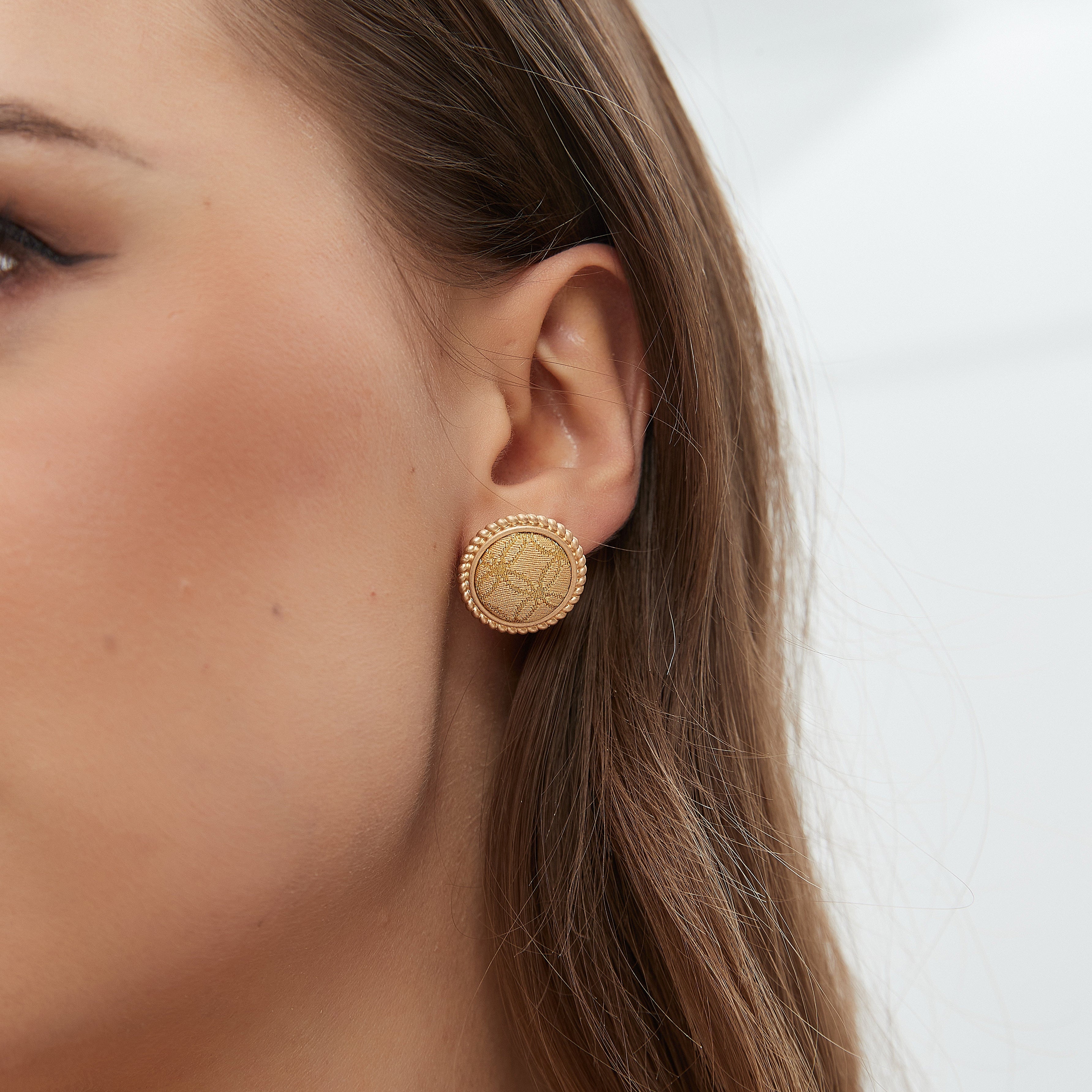 Round Stud Earrings • Song Brocade Golden Coin Pattern • 18K Gold Plated