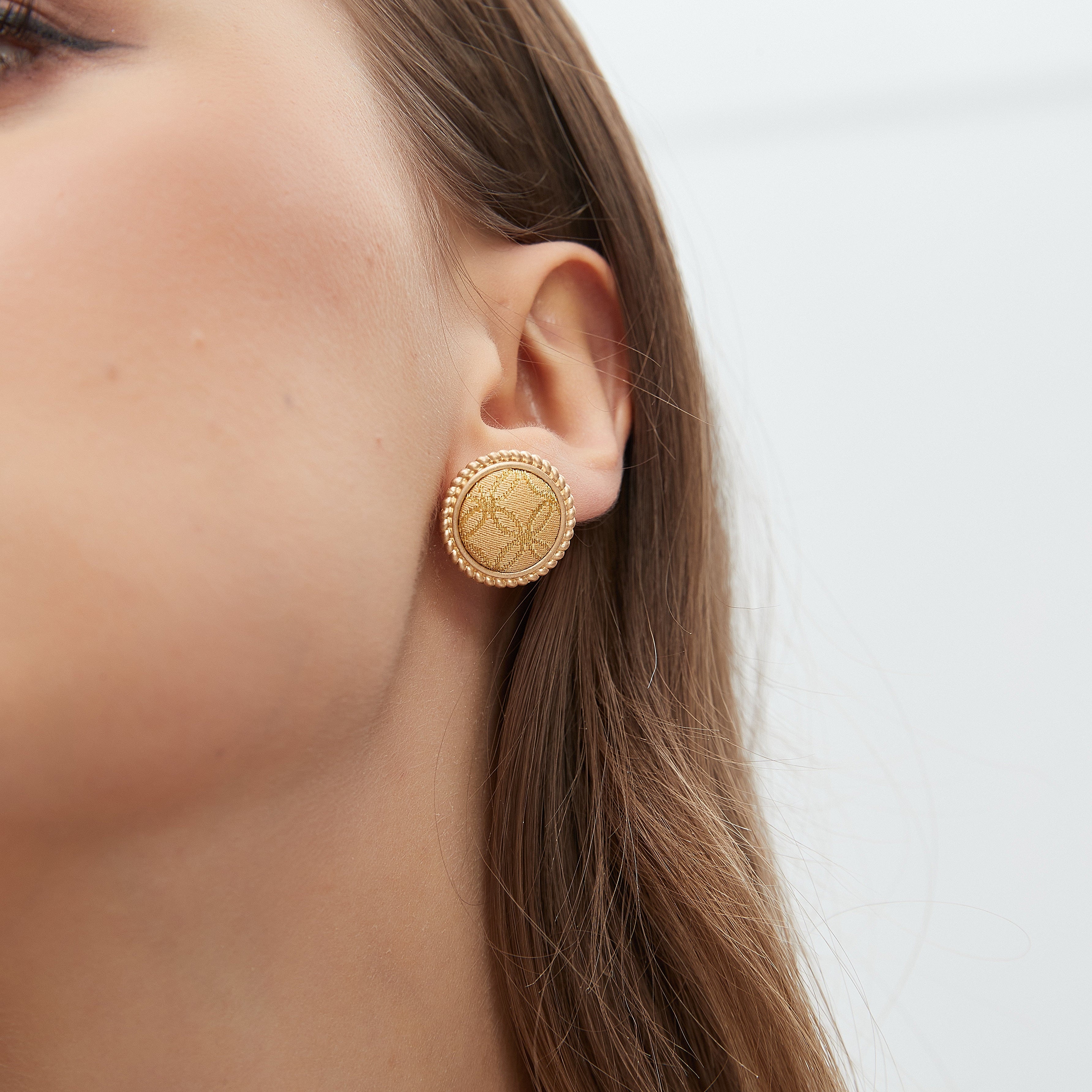 Round Stud Earrings • Song Brocade Golden Coin Pattern • 18K Gold Plated