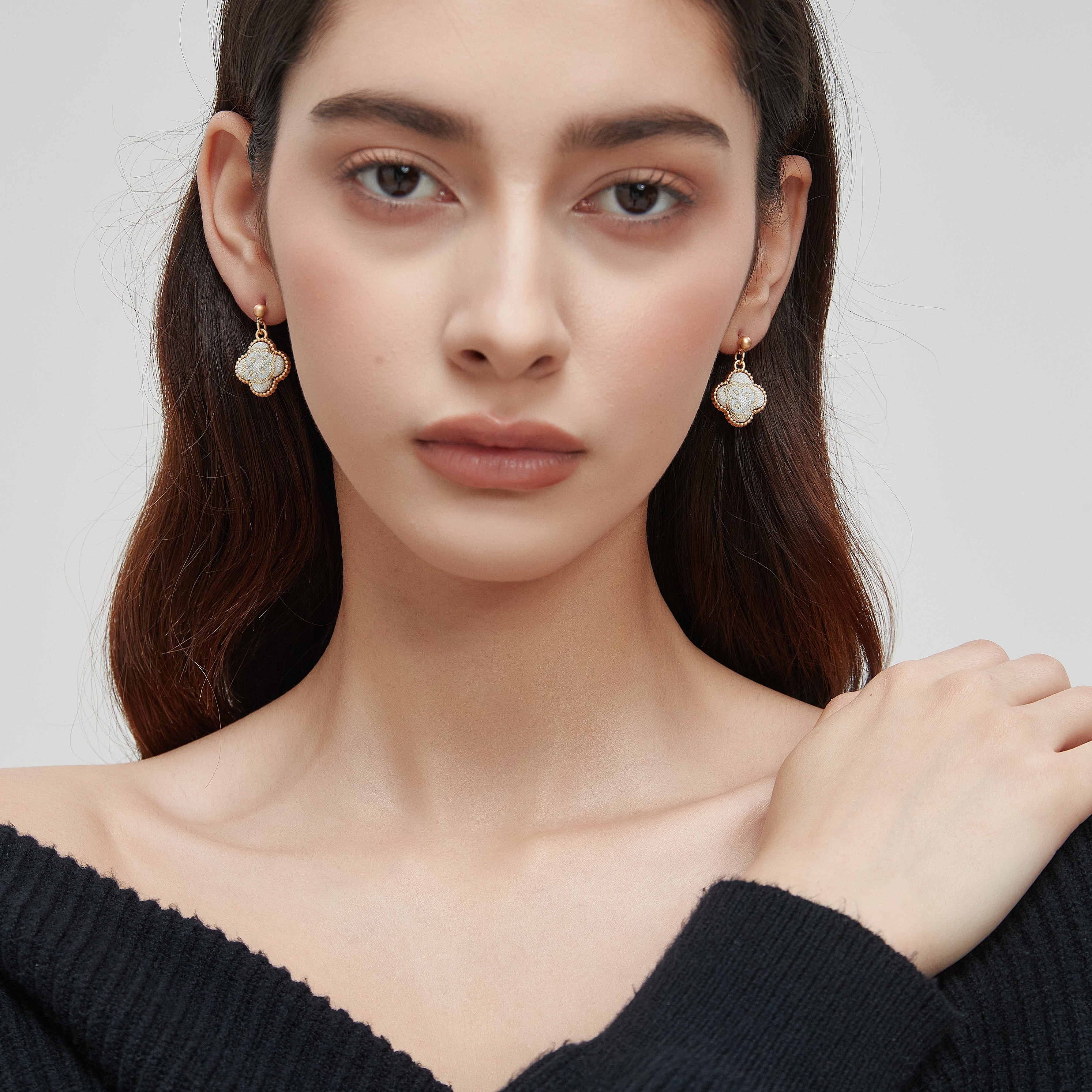 Four-Leaf Clover Dangle Earrings • Song Brocade Ding Sheng Pattern • 18K Gold Plated • White