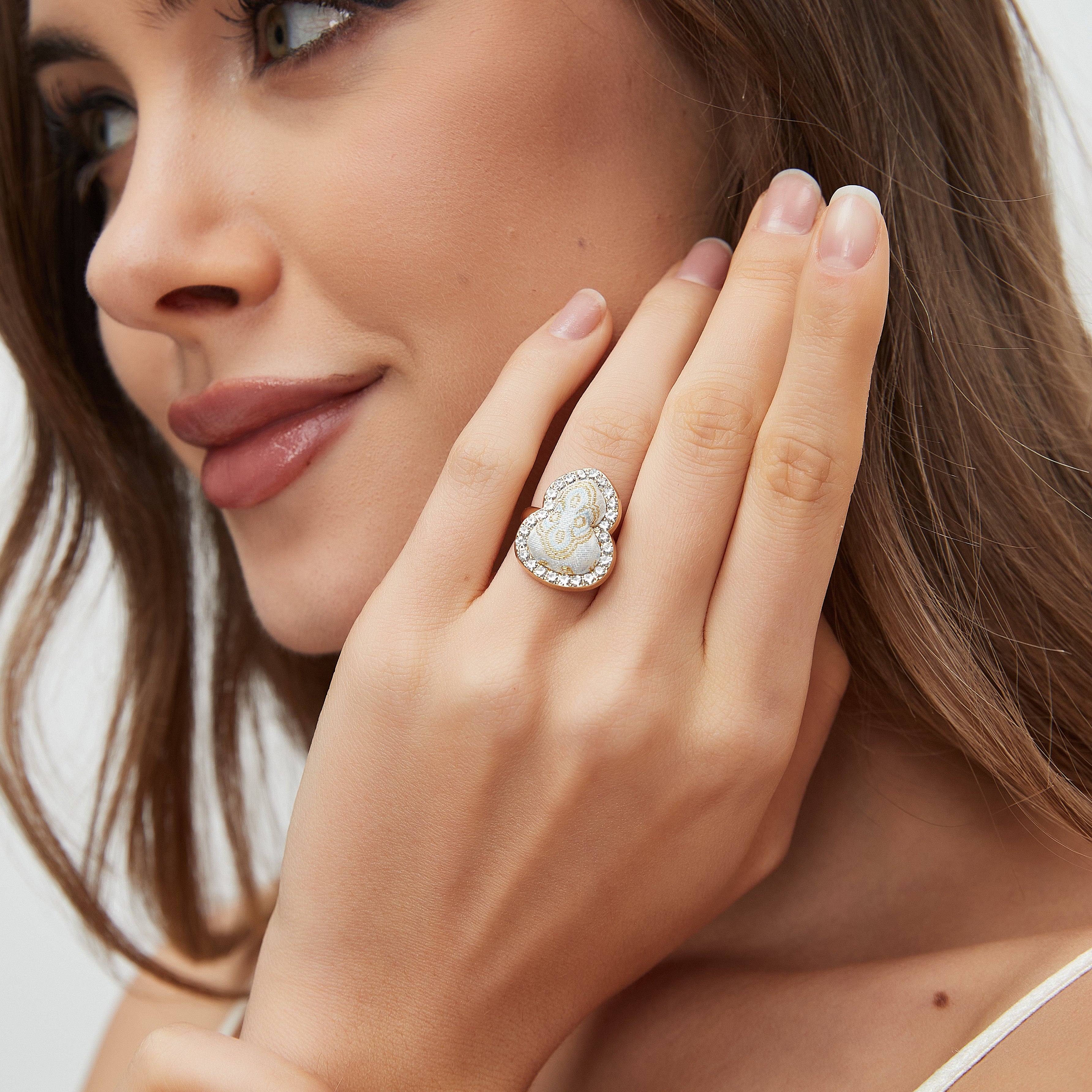 Lucky Gourd Ring • Song Brocade Ding Sheng Pattern • 18K Gold Plated • White