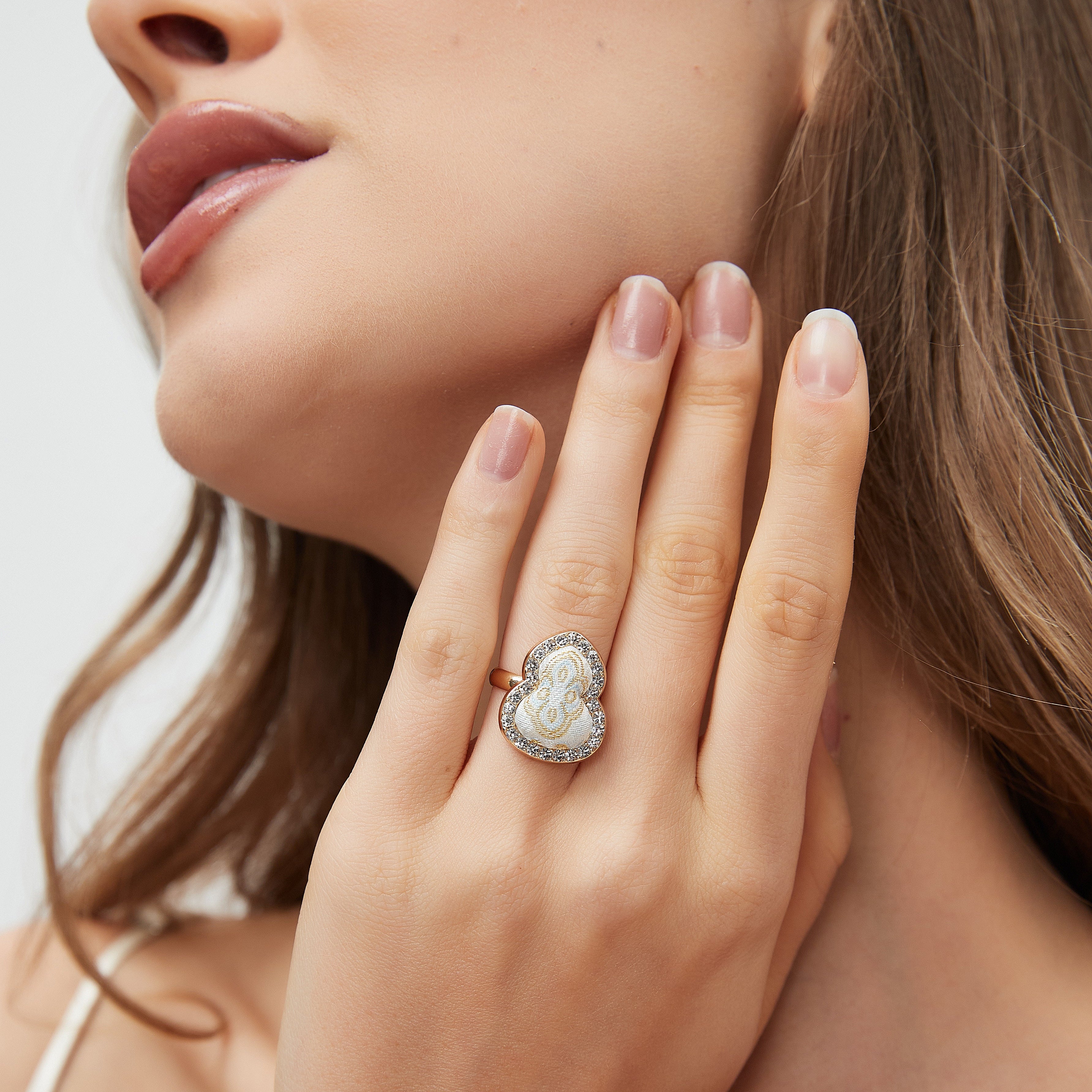 Lucky Gourd Ring • Song Brocade Ding Sheng Pattern • 18K Gold Plated • White
