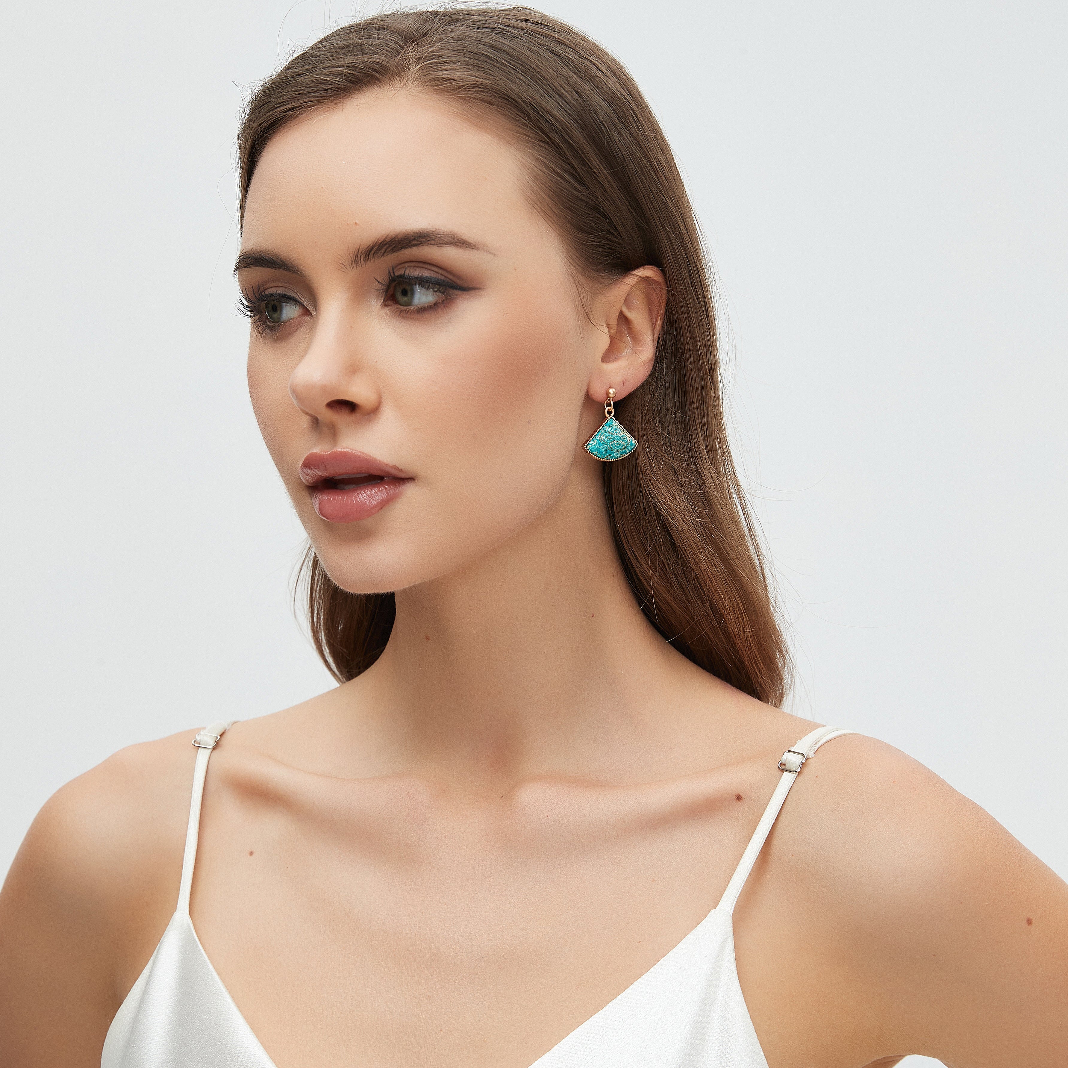 Fan-Shaped Dangle Earrings • Song Brocade Ding Sheng Pattern • 18K Gold Plated • Green