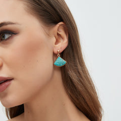 Fan-Shaped Dangle Earrings • Song Brocade Ding Sheng Pattern • 18K Gold Plated • Green