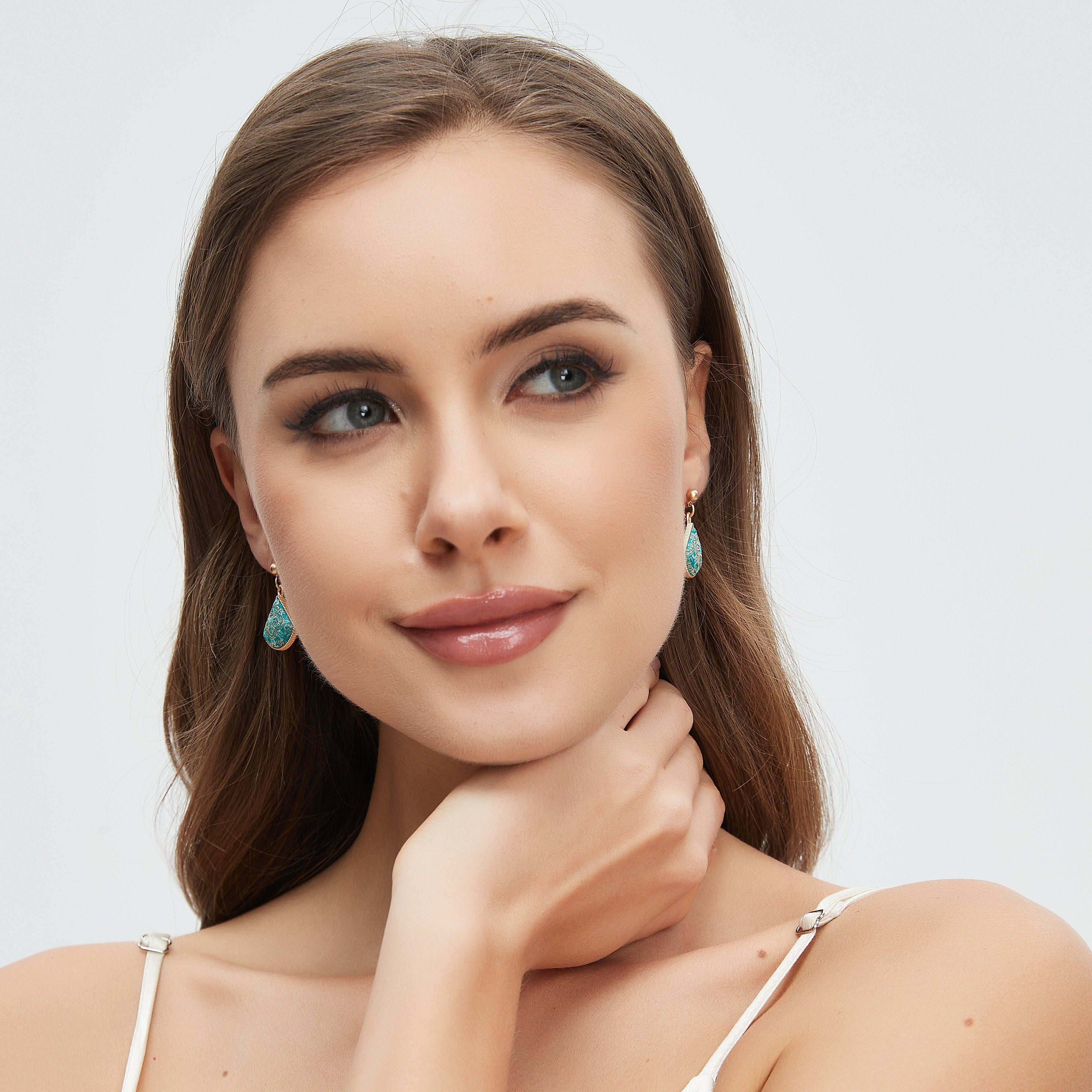 Fan-Shaped Dangle Earrings • Song Brocade Ding Sheng Pattern • 18K Gold Plated • Green