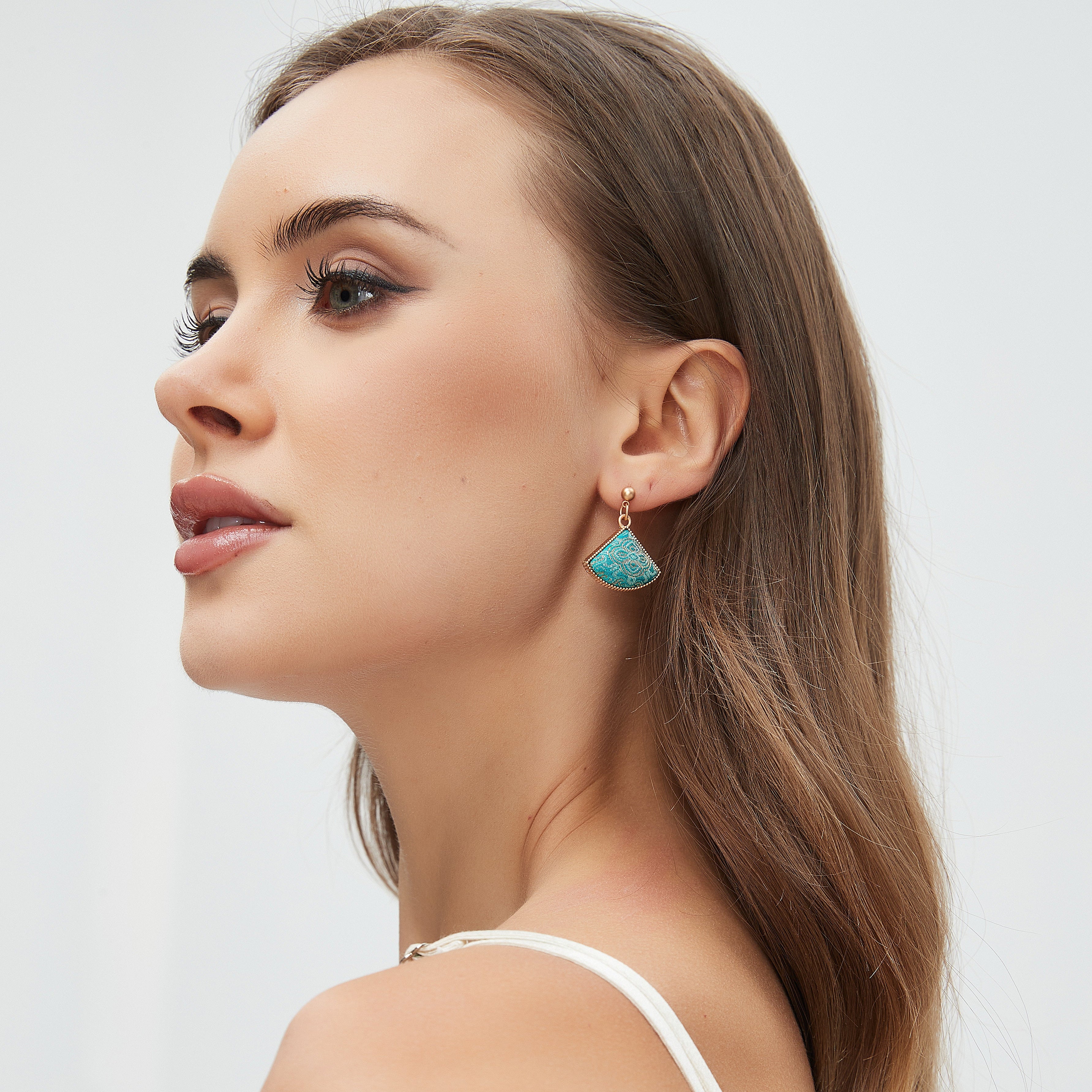 Fan-Shaped Dangle Earrings • Song Brocade Ding Sheng Pattern • 18K Gold Plated • Green