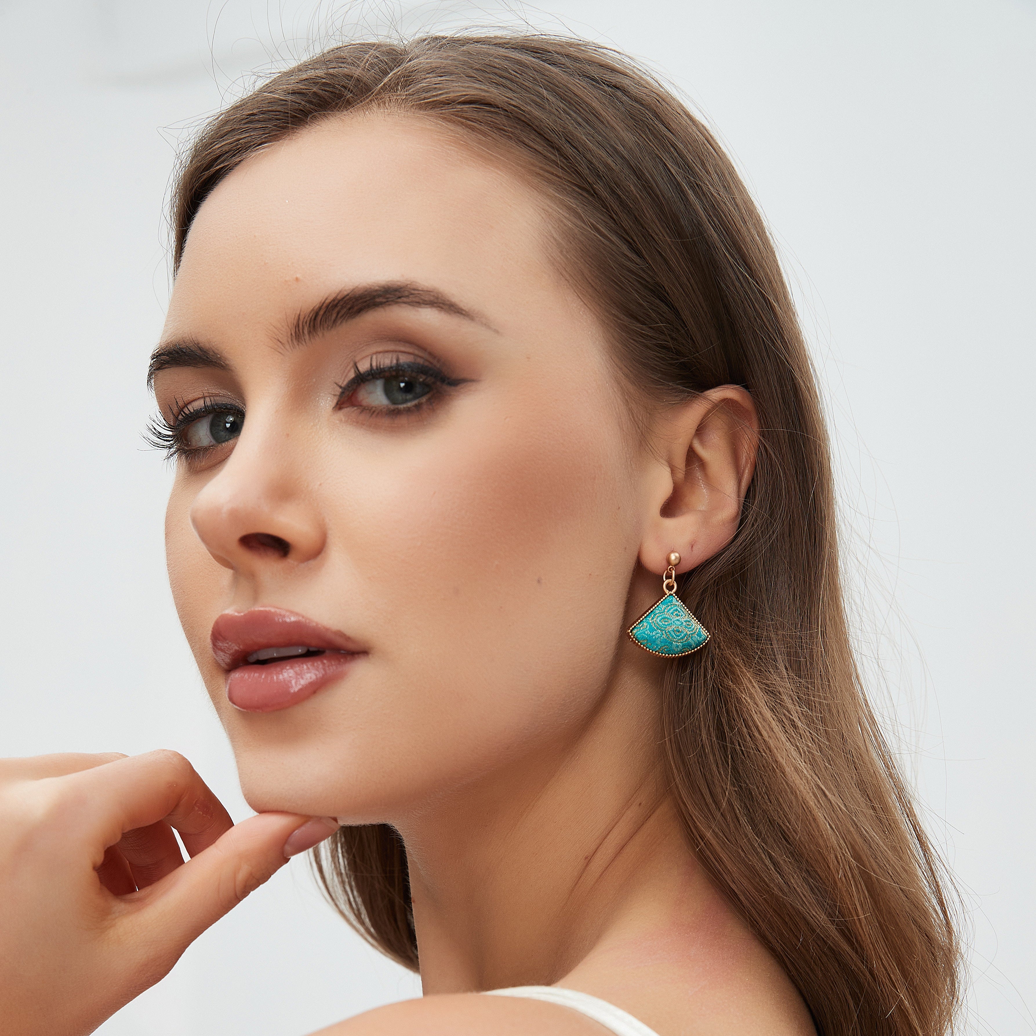 Fan-Shaped Dangle Earrings • Song Brocade Ding Sheng Pattern • 18K Gold Plated • Green