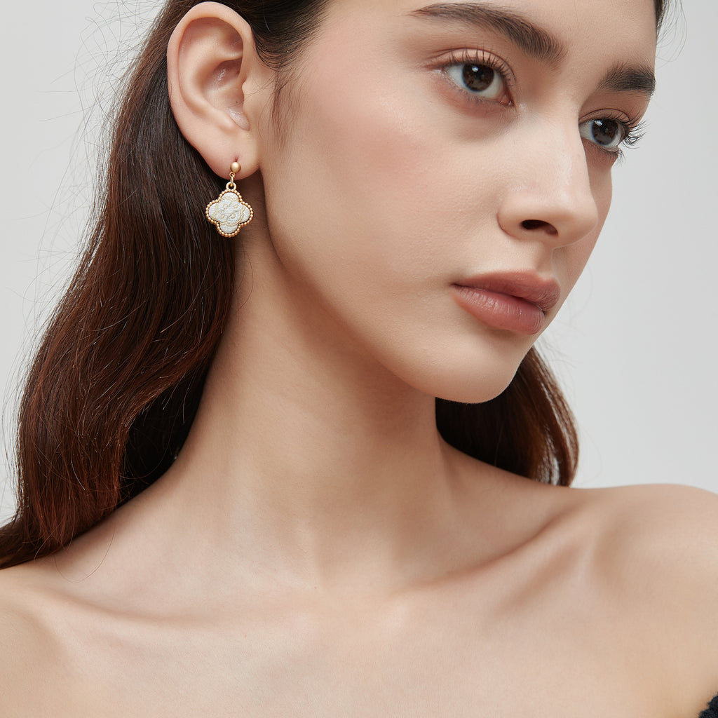 Four-Leaf Clover Dangle Earrings • Song Brocade Ding Sheng Pattern • 18K Gold Plated • White