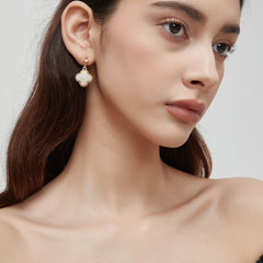 Four-Leaf Clover Dangle Earrings • Song Brocade Ding Sheng Pattern • 18K Gold Plated • White