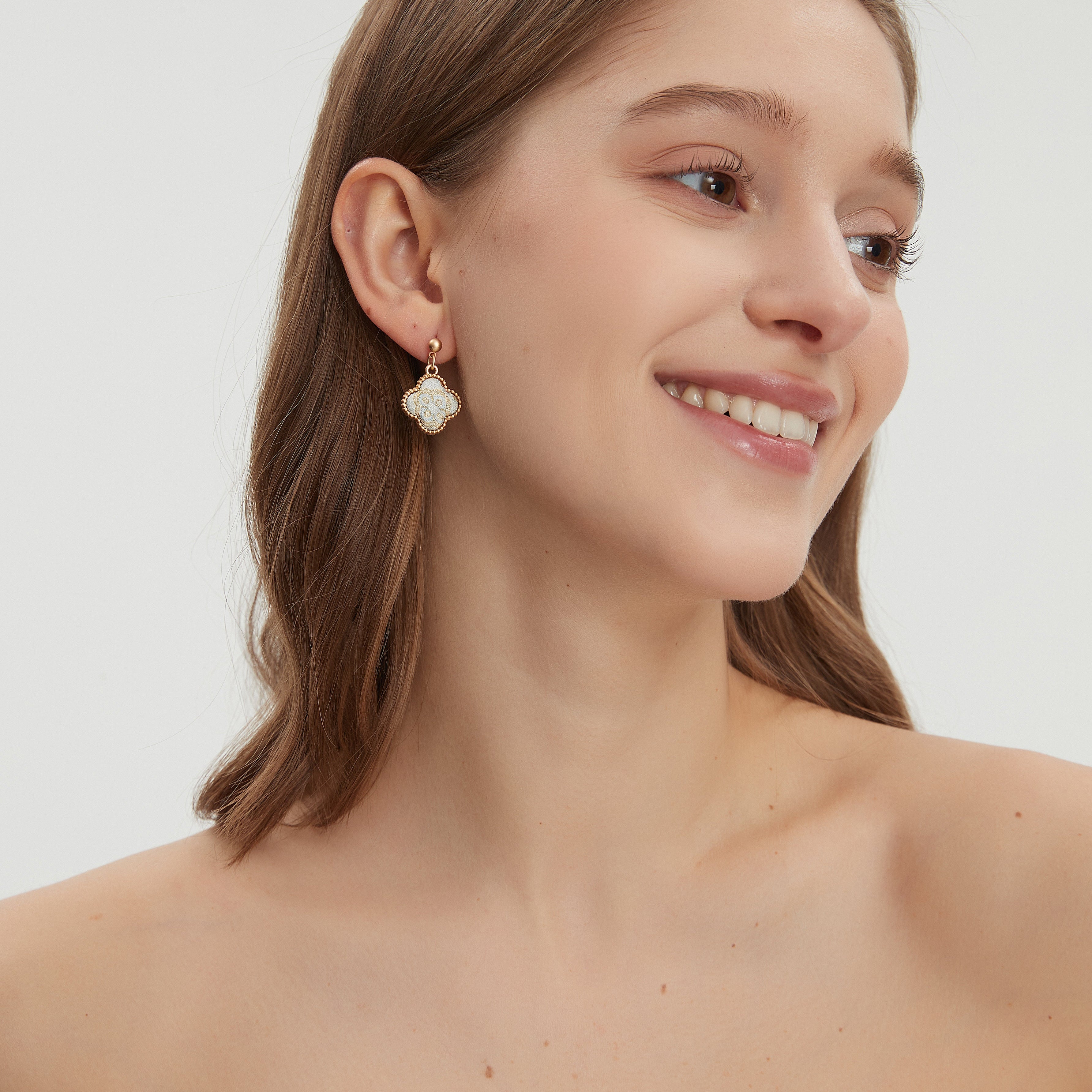 Four-Leaf Clover Dangle Earrings • Song Brocade Ding Sheng Pattern • 18K Gold Plated • White