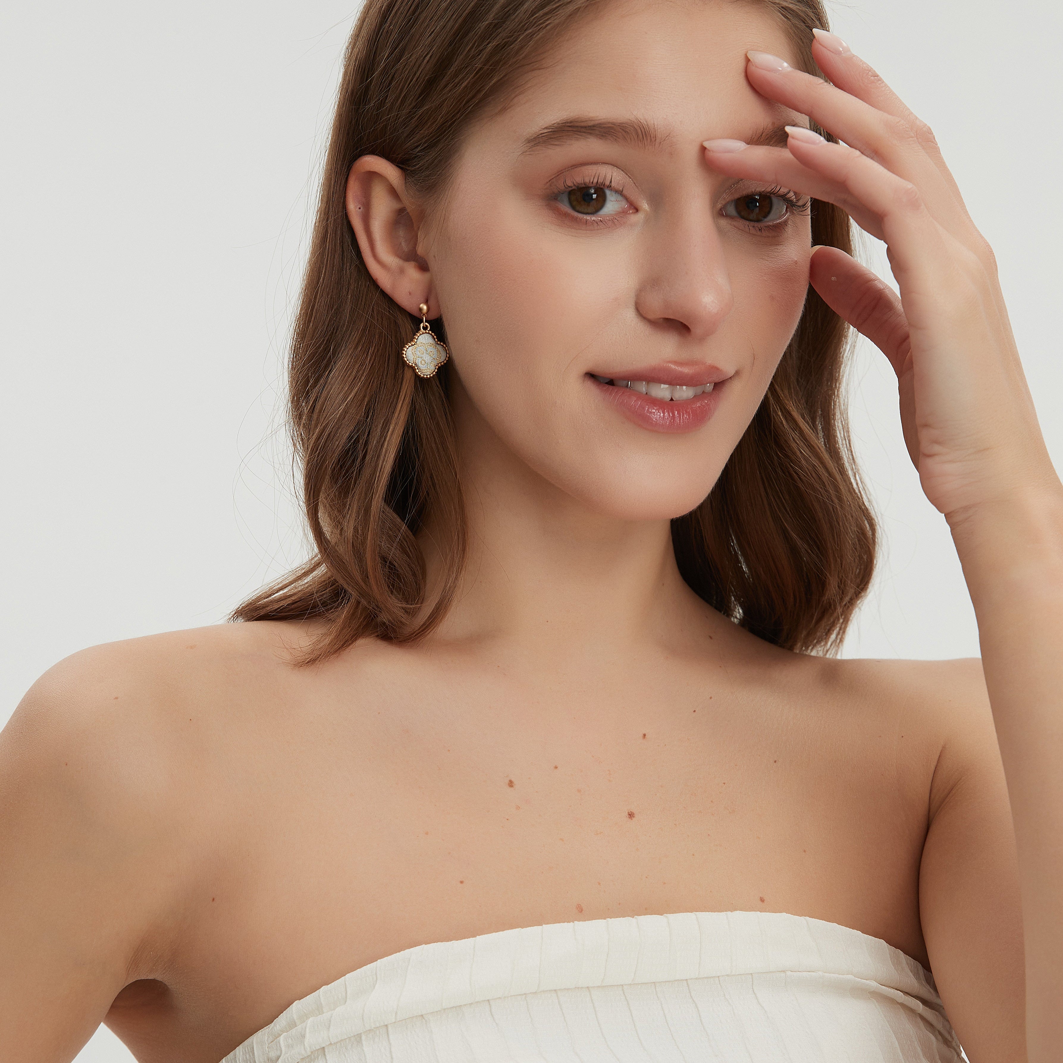 Four-Leaf Clover Dangle Earrings • Song Brocade Ding Sheng Pattern • 18K Gold Plated • White