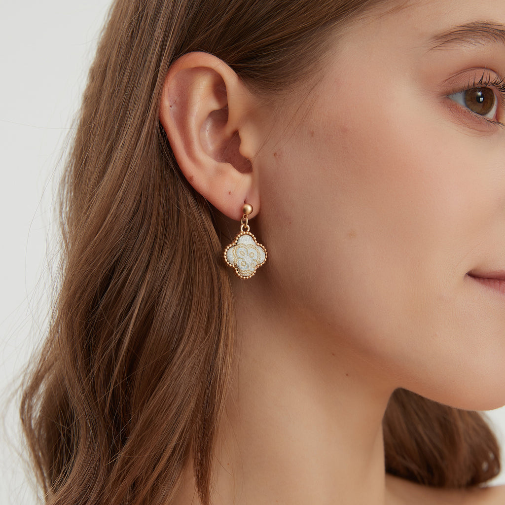 Four-Leaf Clover Dangle Earrings • Song Brocade Ding Sheng Pattern • 18K Gold Plated • White