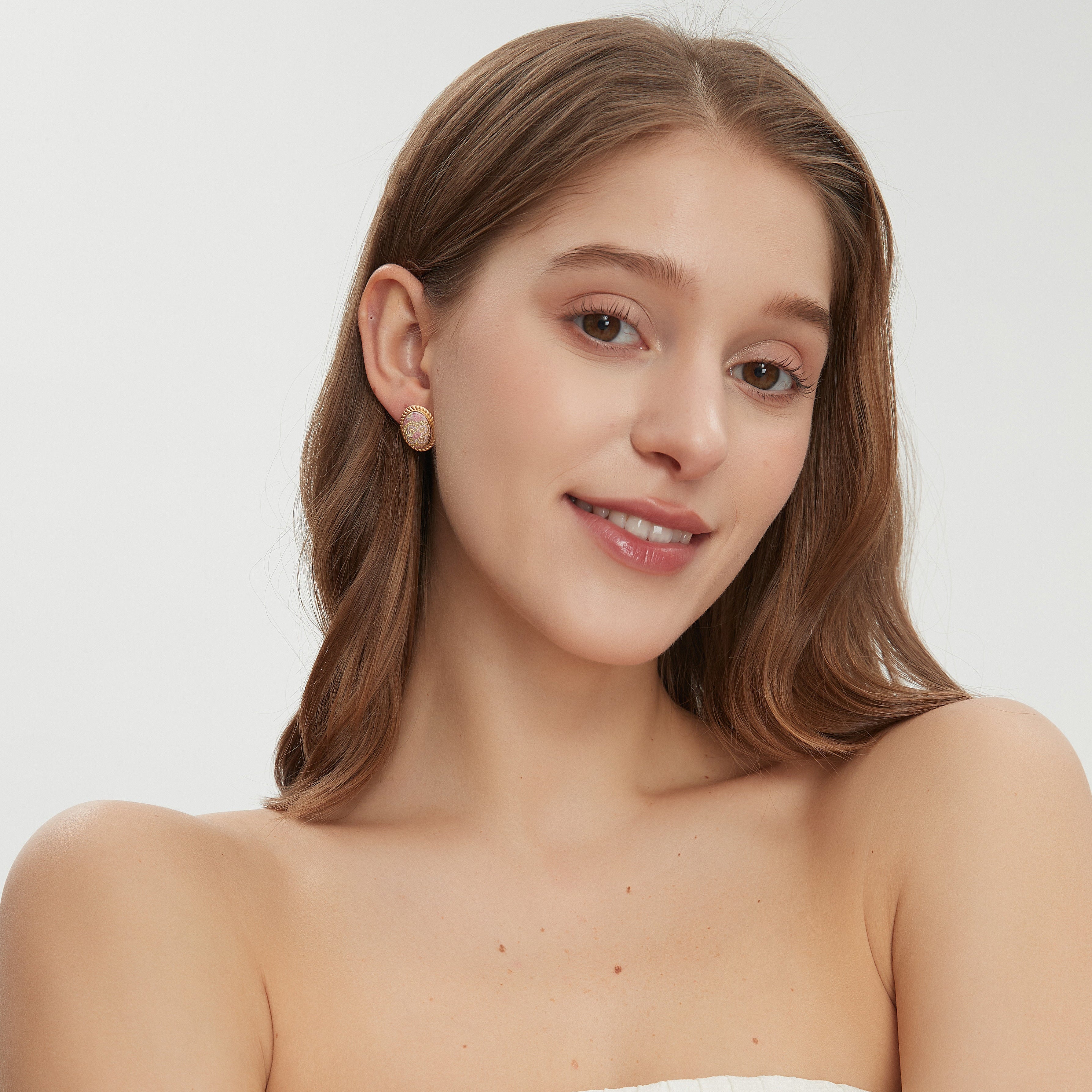 Oval Stud Earrings • Song Brocade Ding Sheng Pattern • 18K Gold Plated • Pink