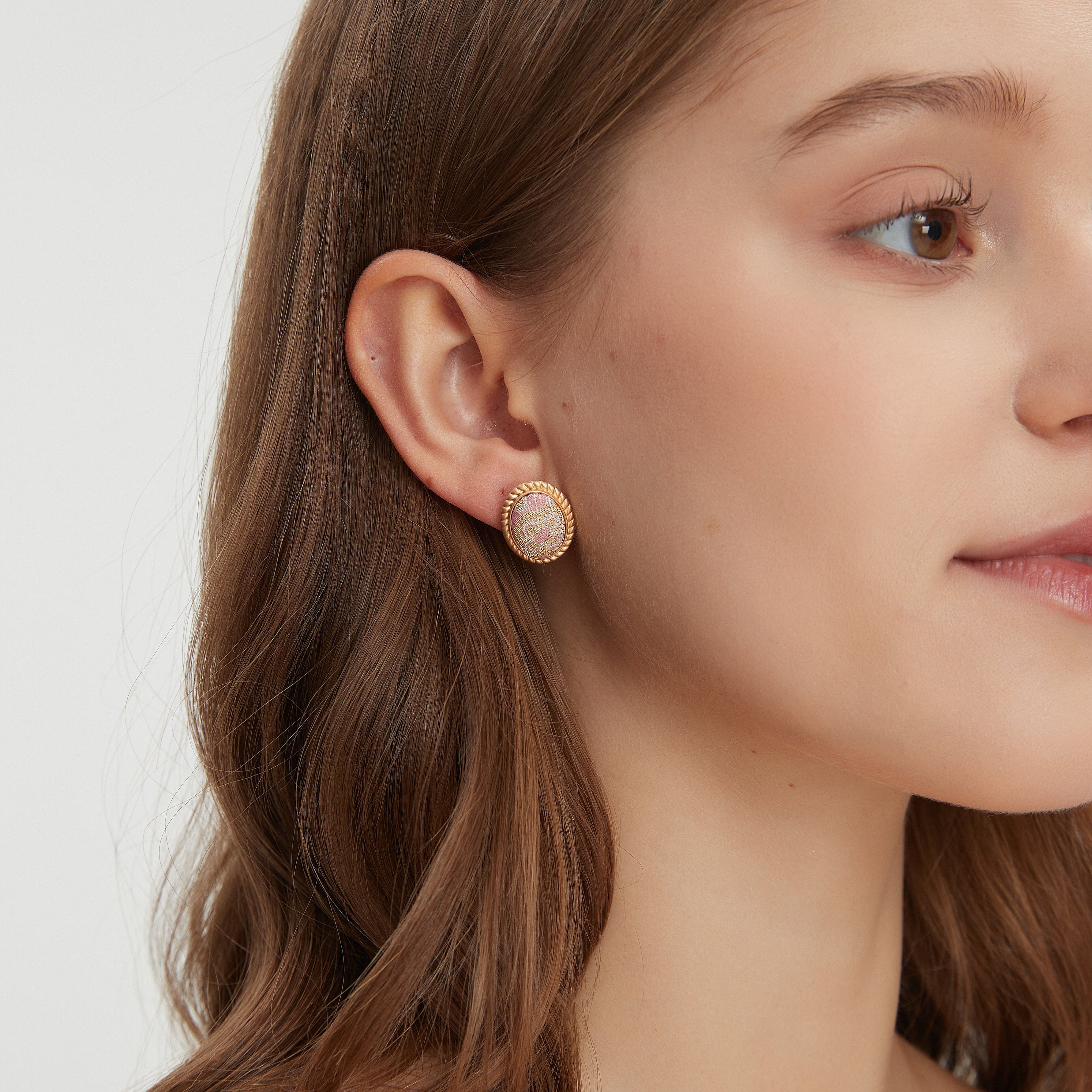 Oval Stud Earrings • Song Brocade Ding Sheng Pattern • 18K Gold Plated • Pink