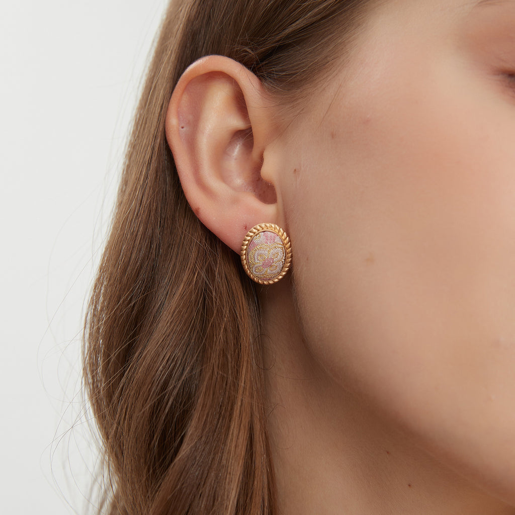 Oval Stud Earrings • Song Brocade Ding Sheng Pattern • 18K Gold Plated • Pink