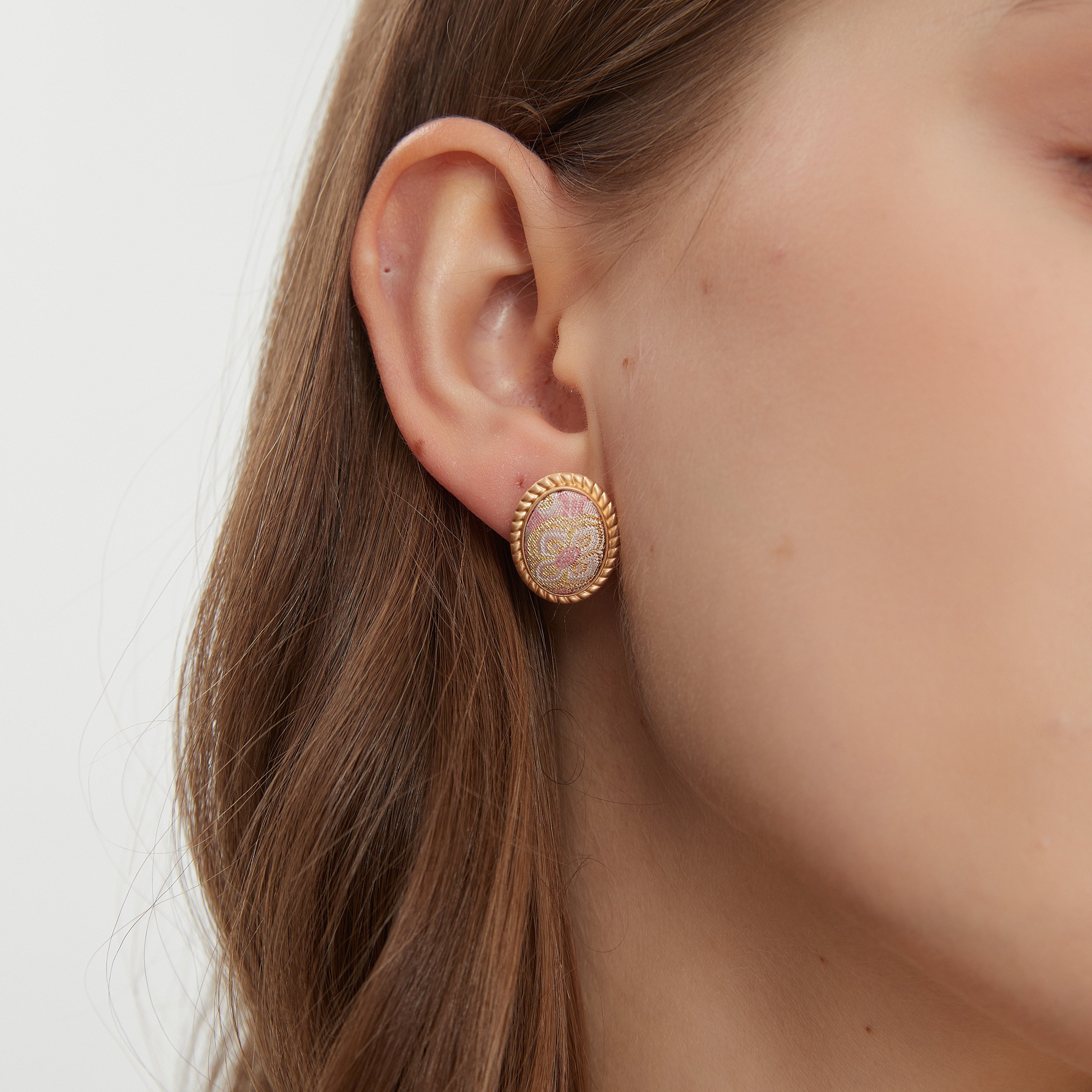 Oval Stud Earrings • Song Brocade Ding Sheng Pattern • 18K Gold Plated • Pink