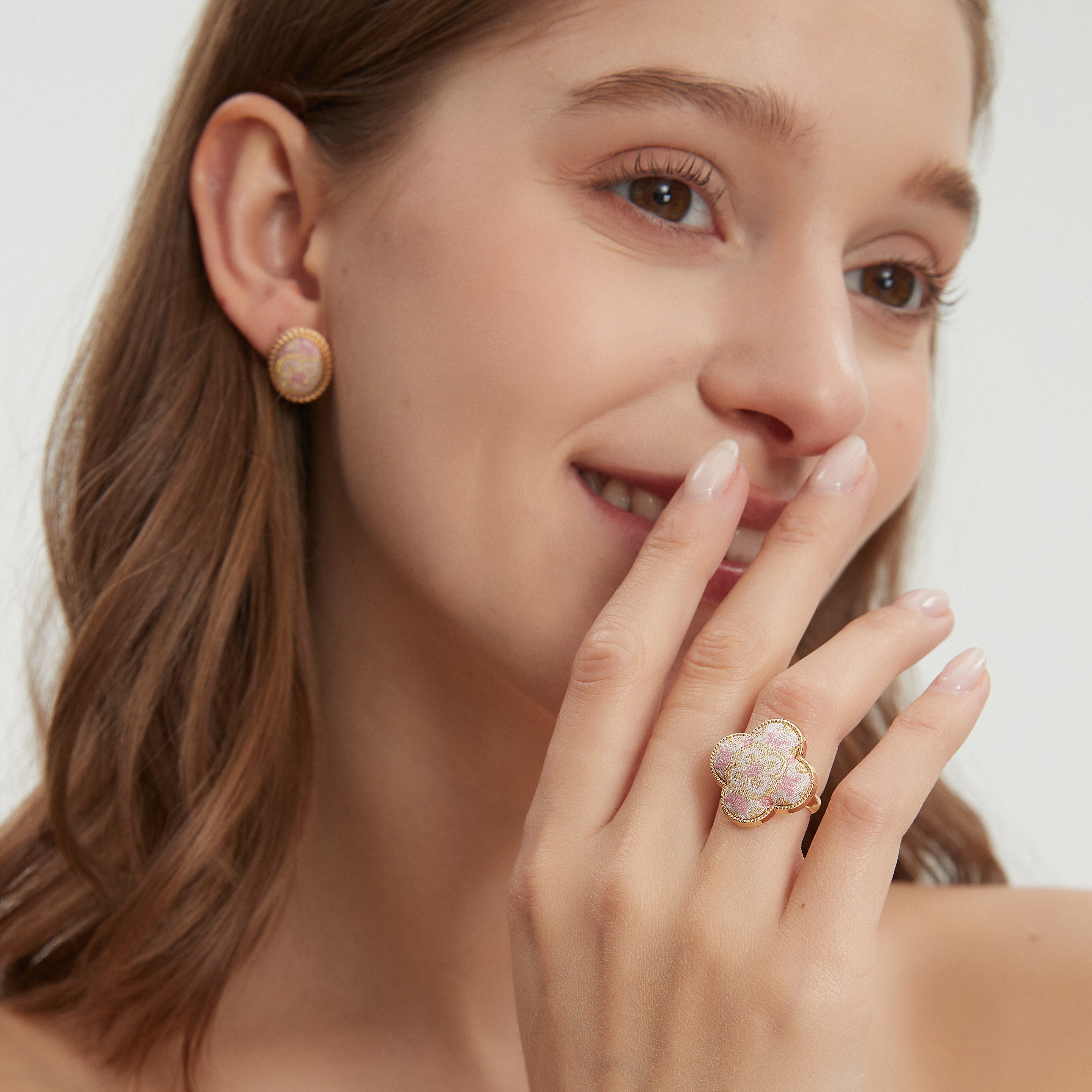 Four-Leaf Clover Ring • Song Brocade Ding Sheng Pattern • 18K Gold Plated • Pink