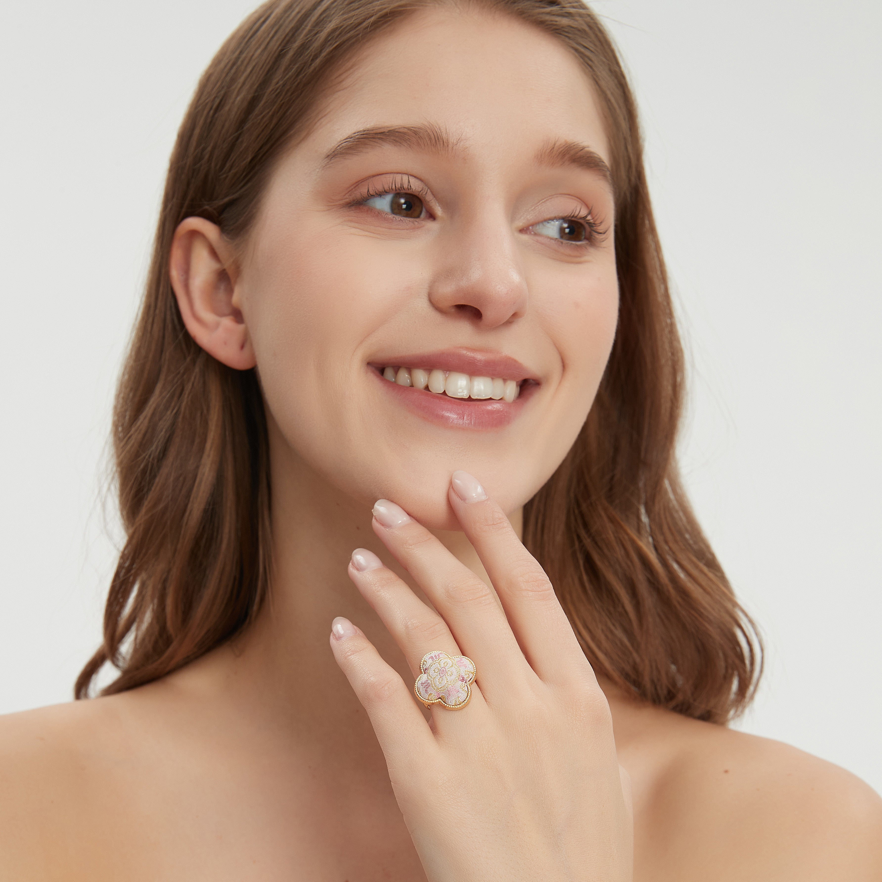 Four-Leaf Clover Ring • Song Brocade Ding Sheng Pattern • 18K Gold Plated • Pink