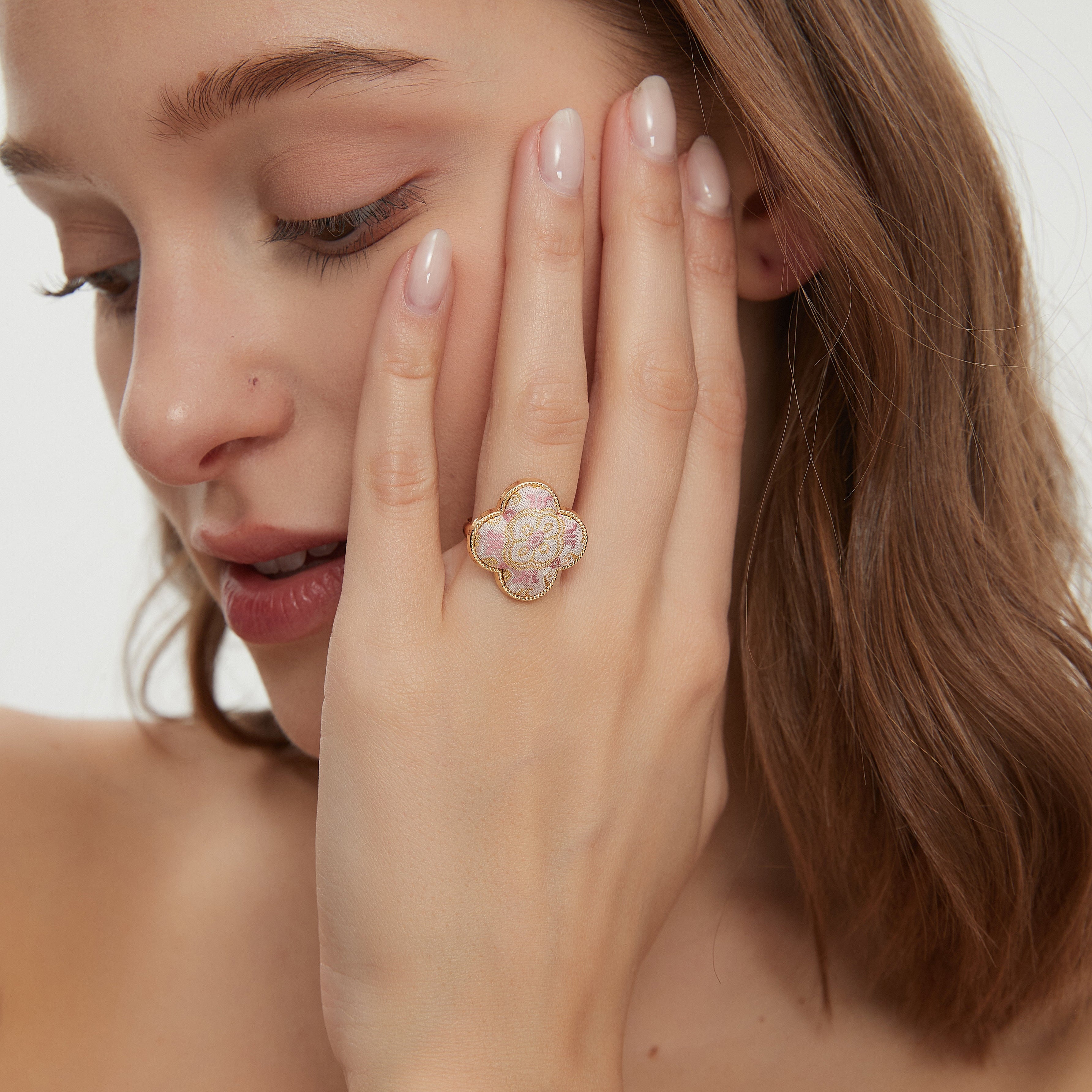 Four-Leaf Clover Ring • Song Brocade Ding Sheng Pattern • 18K Gold Plated • Pink