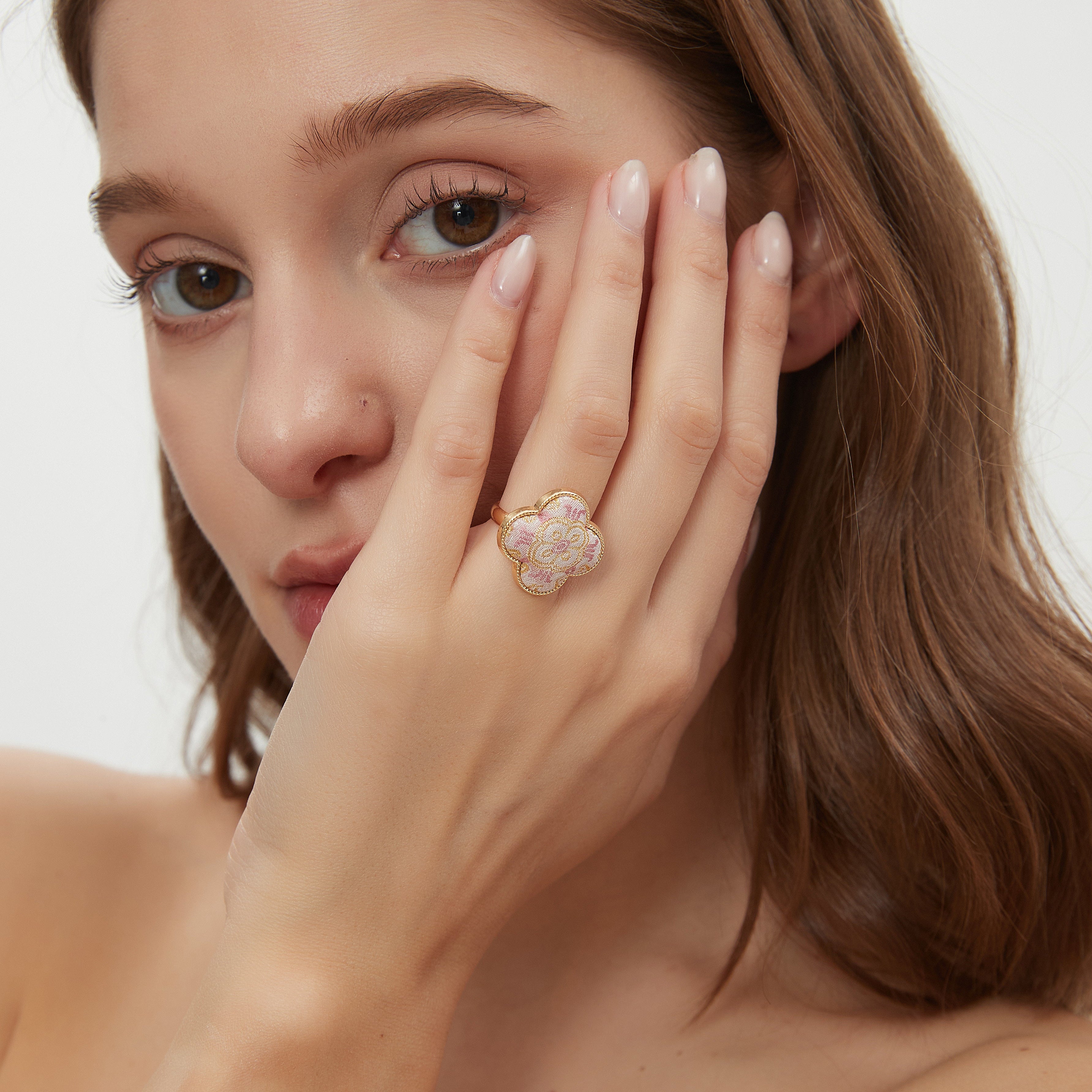 Four-Leaf Clover Ring • Song Brocade Ding Sheng Pattern • 18K Gold Plated • Pink