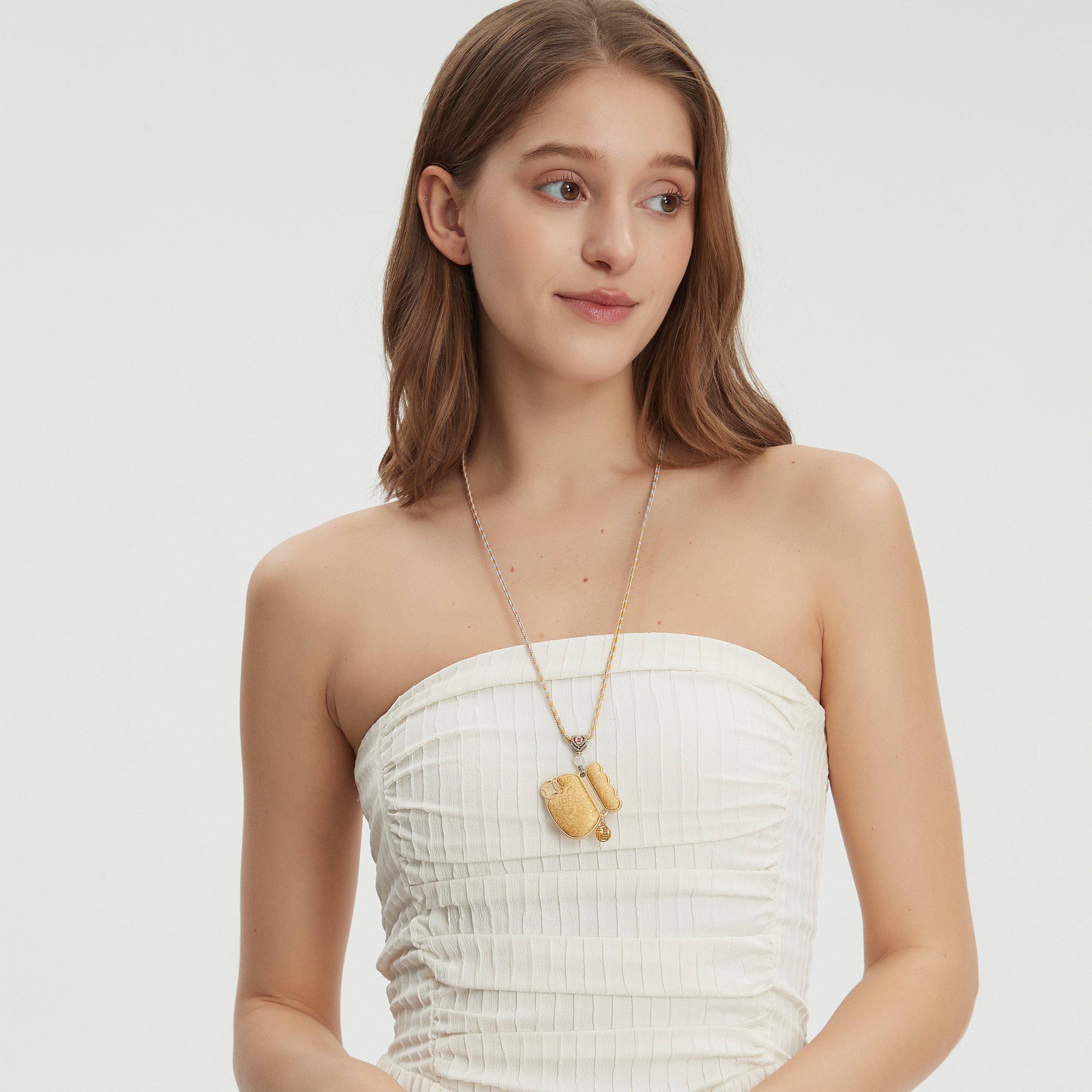 Money Pouch Necklace Song Brocade Golden Coin Pattern • 18K Gold Plated