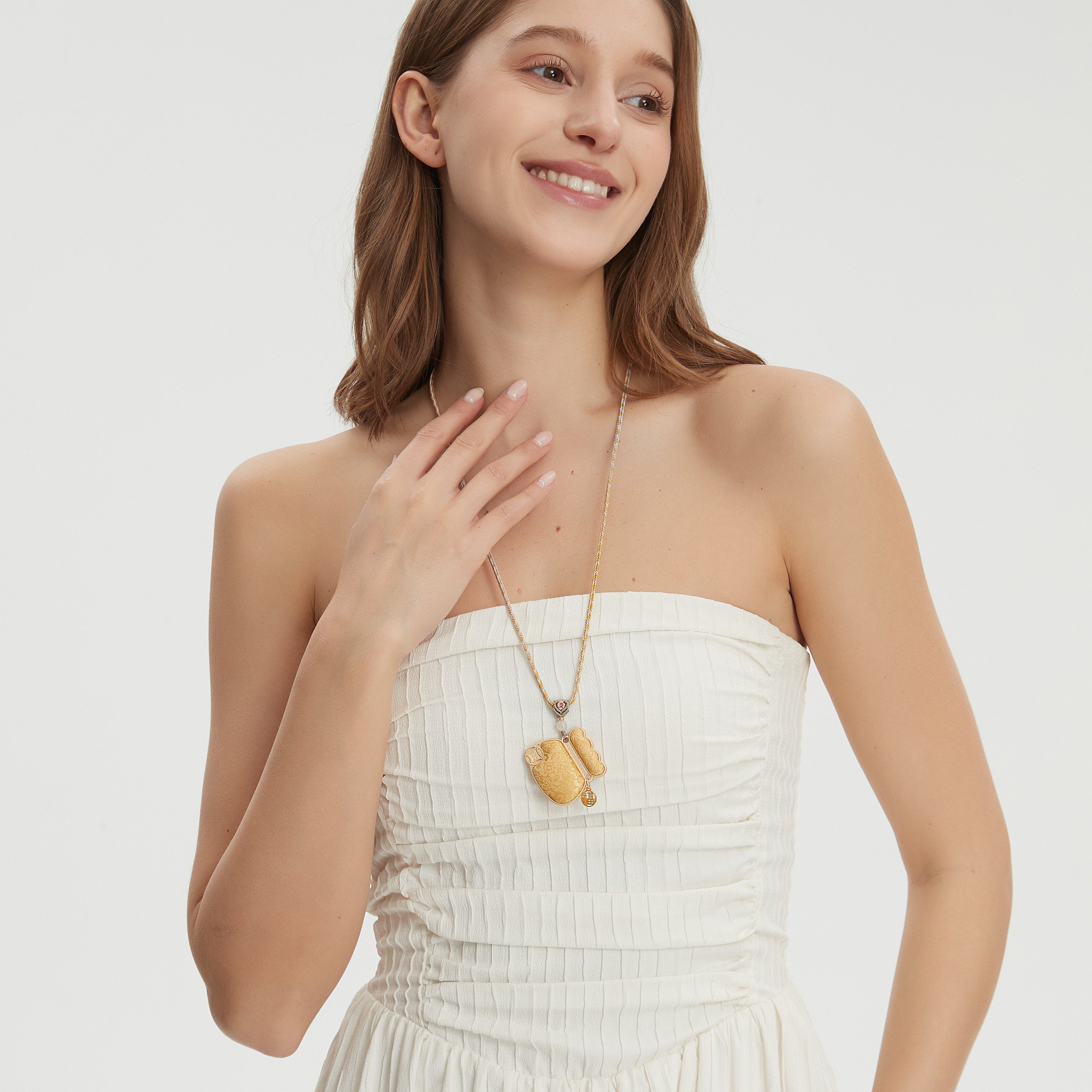 Money Pouch Necklace Song Brocade Golden Coin Pattern • 18K Gold Plated