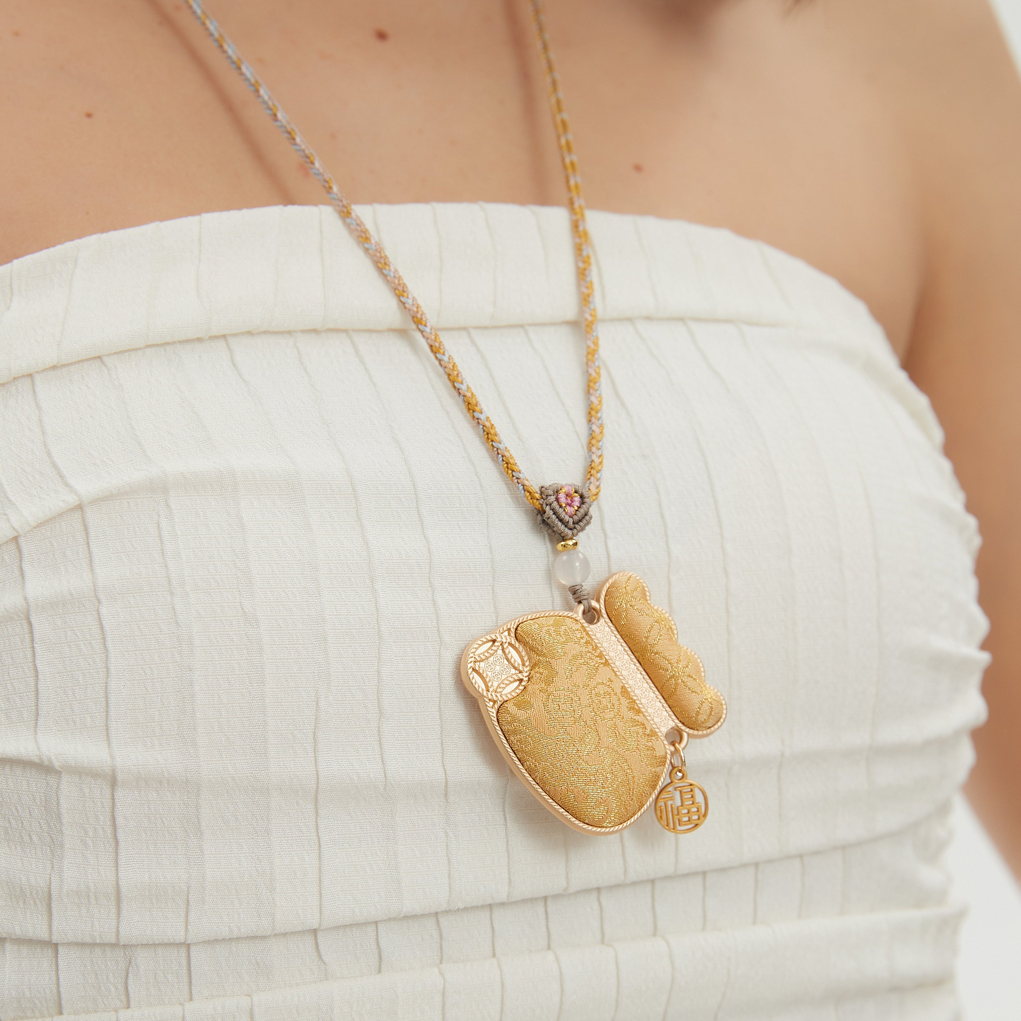 Money Pouch Necklace Song Brocade Golden Coin Pattern • 18K Gold Plated