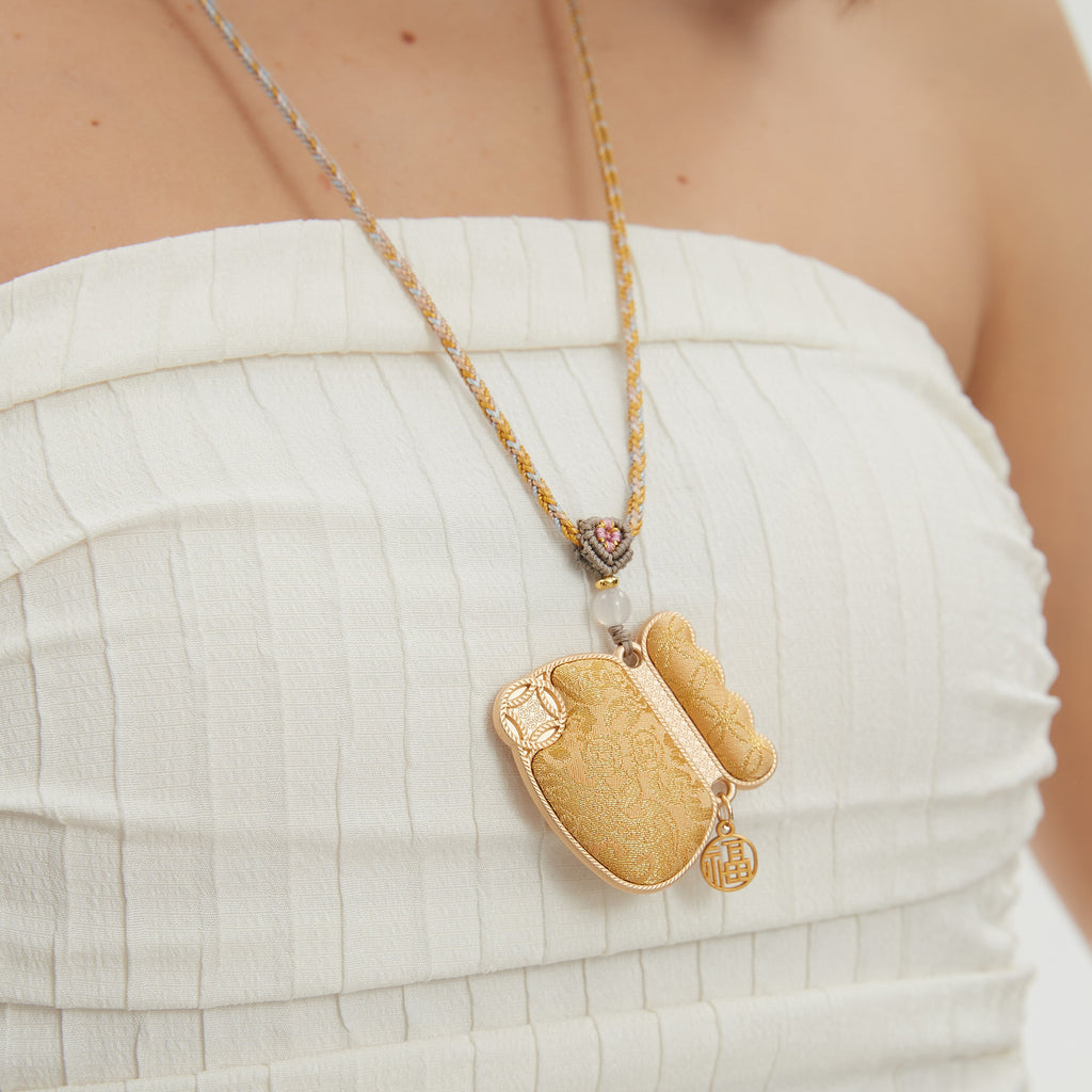 Money Pouch Necklace Song Brocade Golden Coin Pattern • 18K Gold Plated