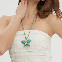 Butterfly Necklace Song Brocade Ding Sheng Pattern • 18K Gold Plated • Green