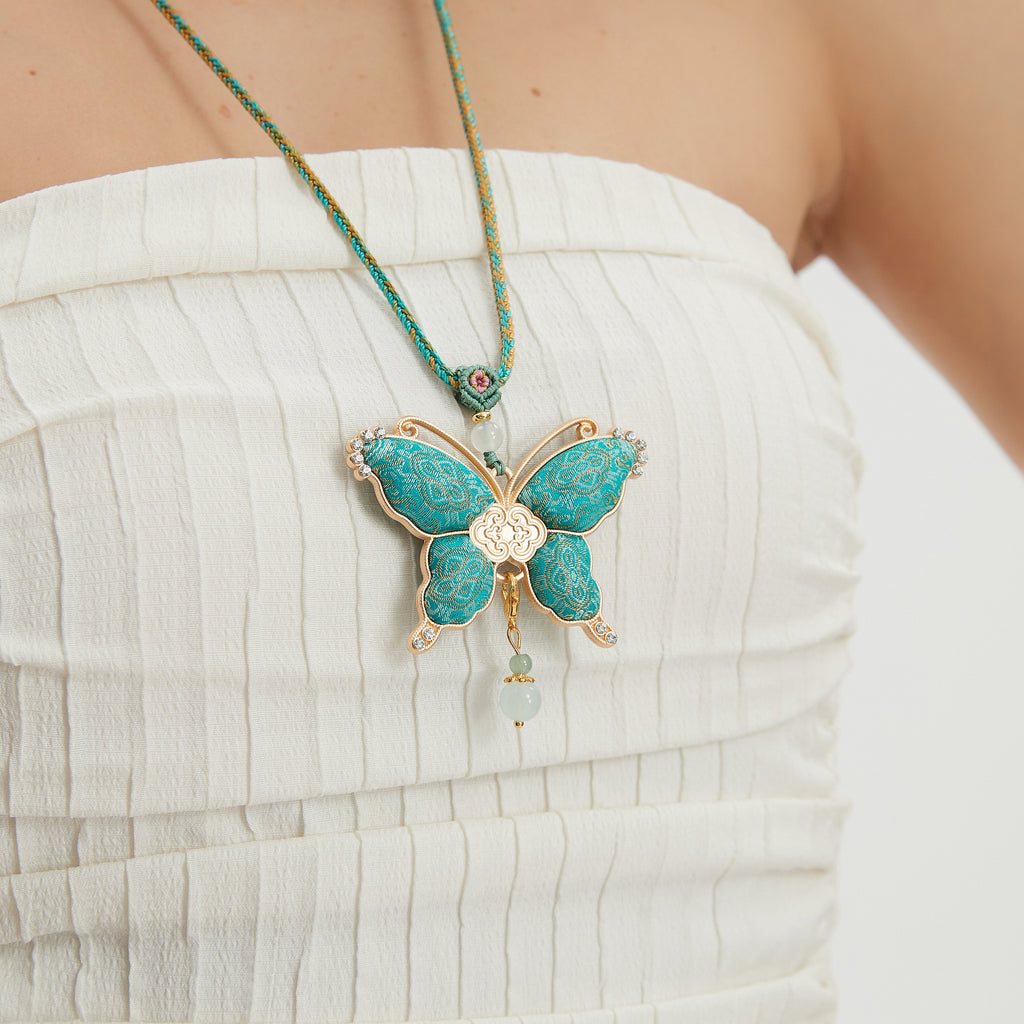 Butterfly Necklace Song Brocade Ding Sheng Pattern • 18K Gold Plated • Green