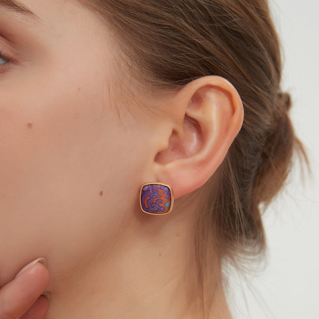 Square Stud Earrings • Song Brocade Purple Eight-Directional Halo Pattern • 18K Gold Plated