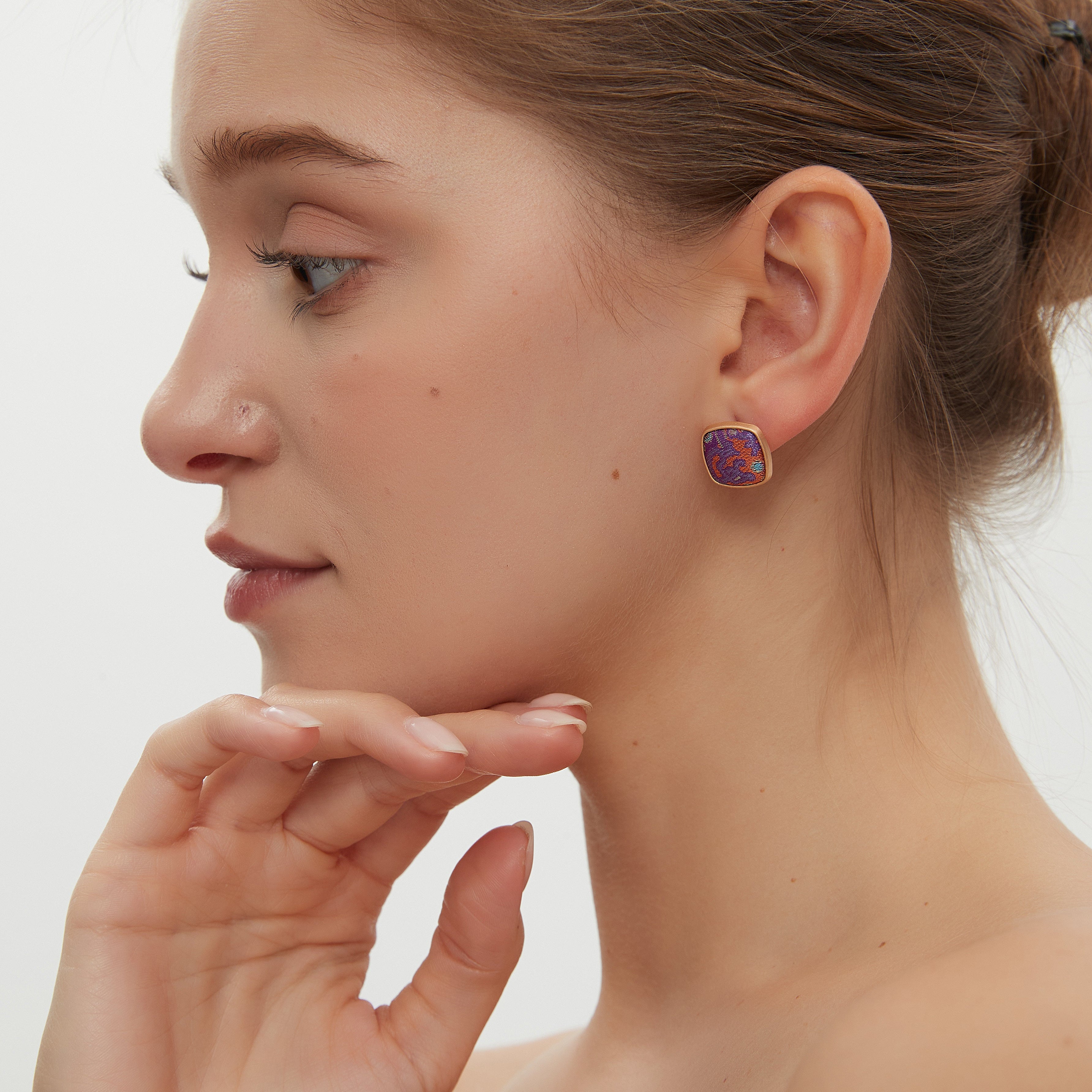 Square Stud Earrings • Song Brocade Purple Eight-Directional Halo Pattern • 18K Gold Plated Secondary image