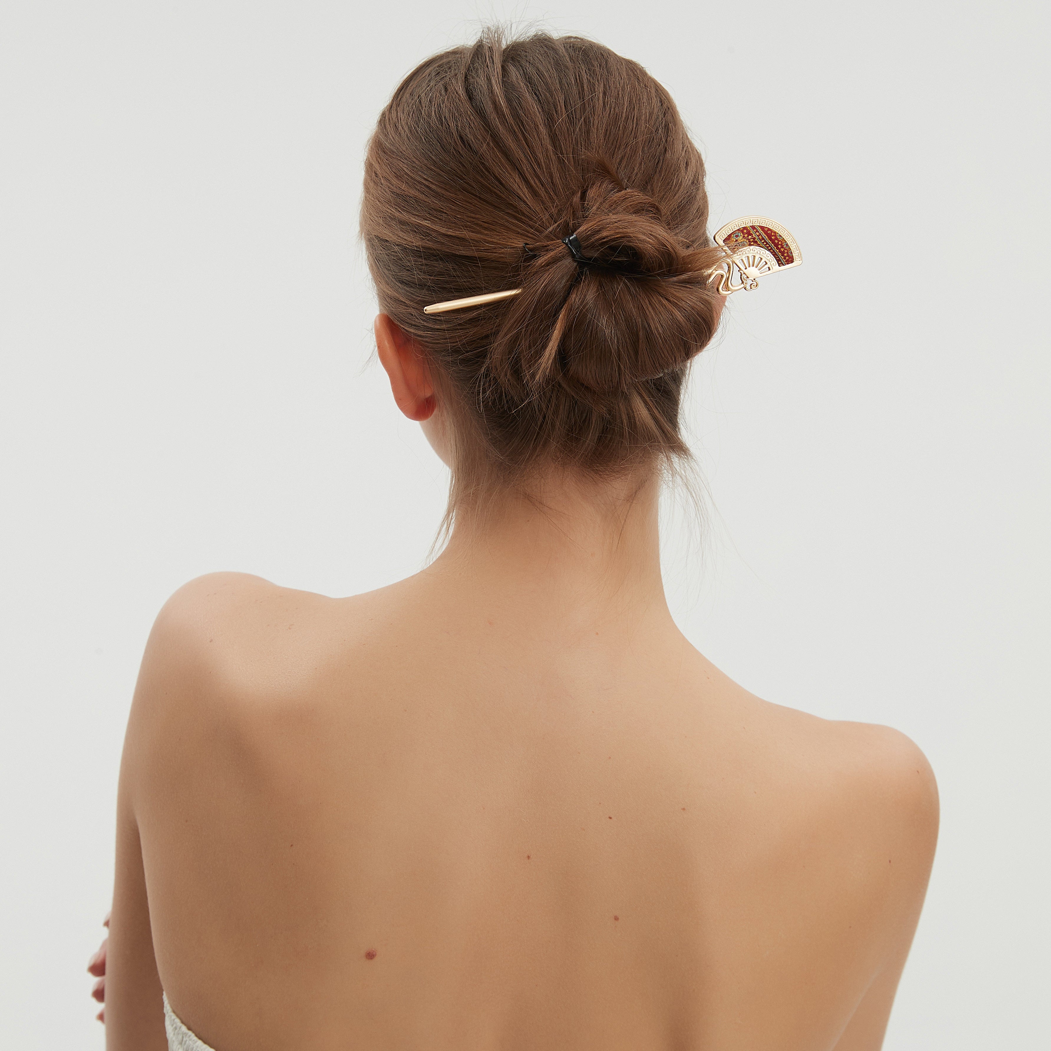 Fan-shaped Hairpin Song Brocade Red Bead Curtain Pattern • 18K Gold Plated