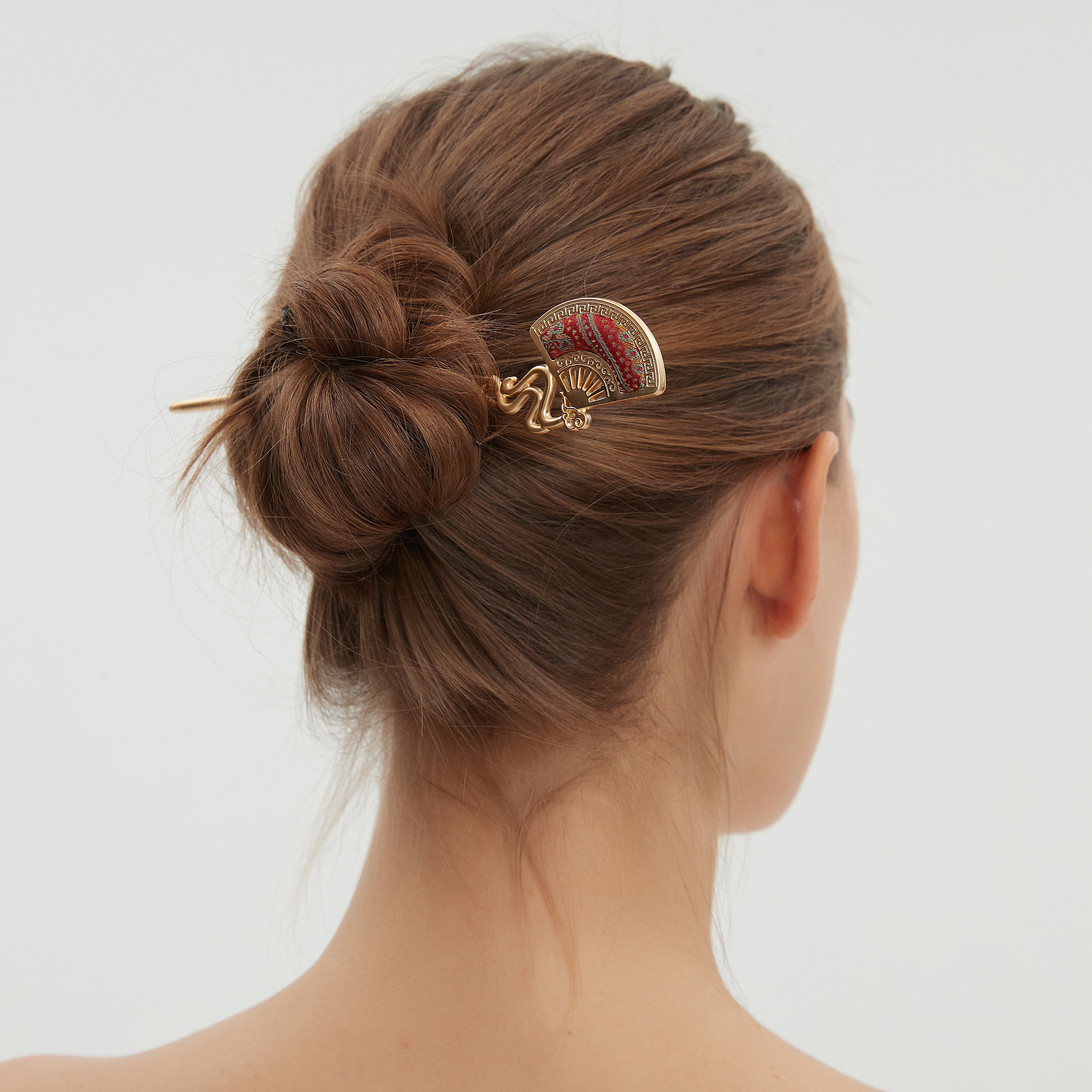 Fan-shaped Hairpin Song Brocade Red Bead Curtain Pattern • 18K Gold Plated