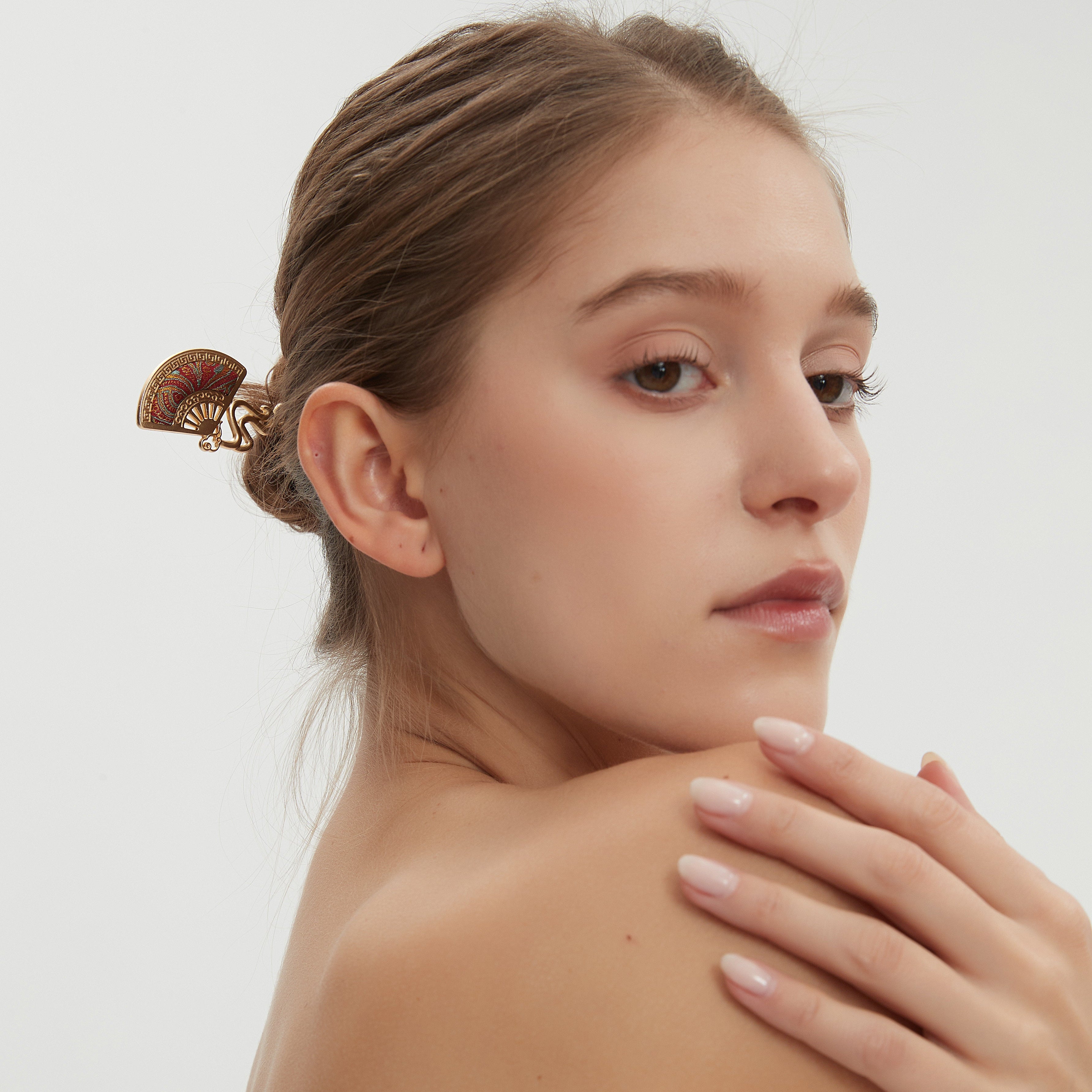 Fan-shaped Hairpin Song Brocade Red Bead Curtain Pattern • 18K Gold Plated