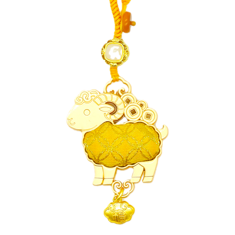 Chinese Zodiac Goat Song Brocade Bag Charm • 18K Gold Plated
