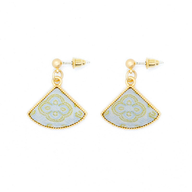 Fan-Shaped Dangle Earrings • Song Brocade Ding Sheng Pattern • 18K Gold Plated • Green