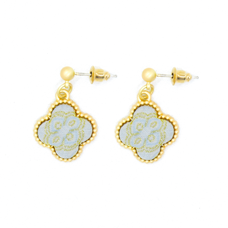 Four-Leaf Clover Dangle Earrings • Song Brocade Ding Sheng Pattern • 18K Gold Plated • White