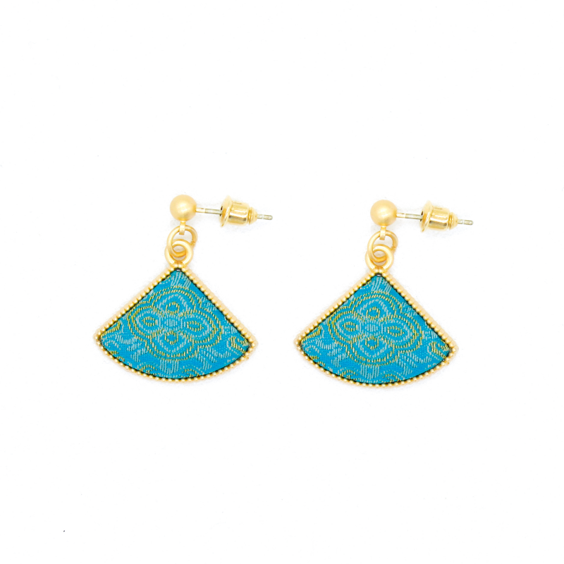 Fan-Shaped Dangle Earrings • Song Brocade Ding Sheng Pattern • 18K Gold Plated • Green Main image
