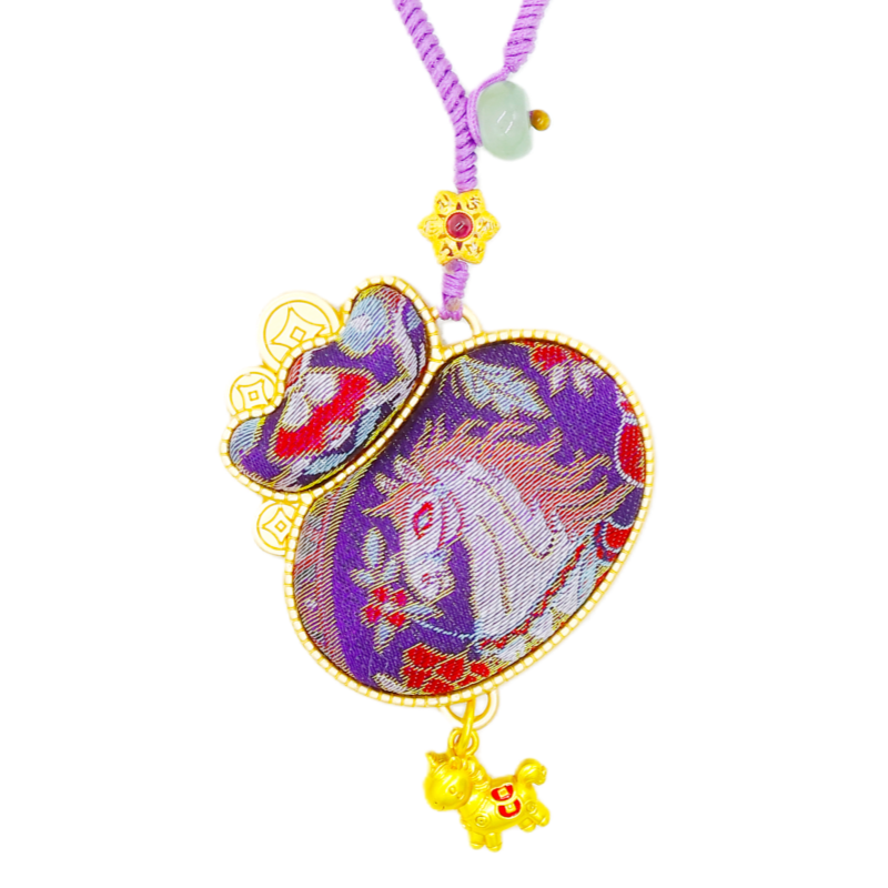 Chinese Lucky Pouch Bag Charm • Lucky Horse & Auspicious Treasure Pattern • 18K Gold Plated • Purple Main image