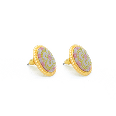 Oval Stud Earrings • Song Brocade Ding Sheng Pattern • 18K Gold Plated • Pink